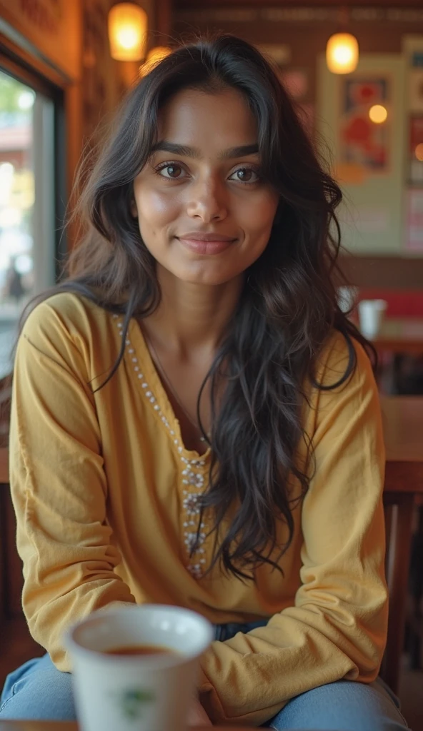 (photorealism:1.2), beautiful indian woman, age 20,sitting on a hospital office , wearing loose half t shirt,- jeans pant, long hair, outdoor, sunlight, markets road in background, realistic, intricate details,