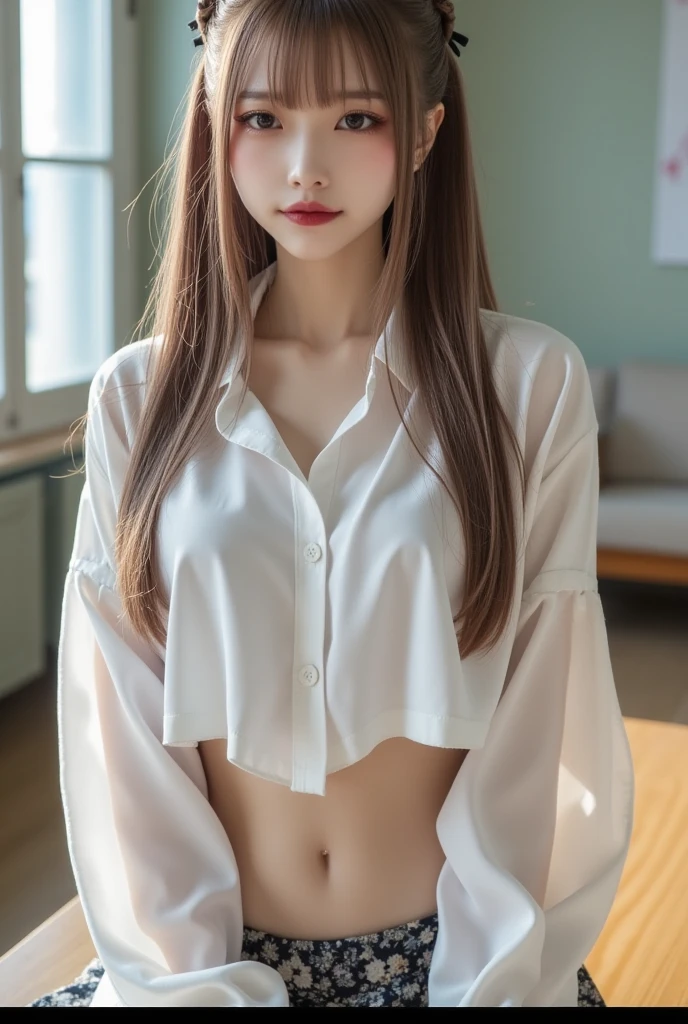 Cute girl, 10 years old, black miniskirt, white blouse, cute panties, front, from below