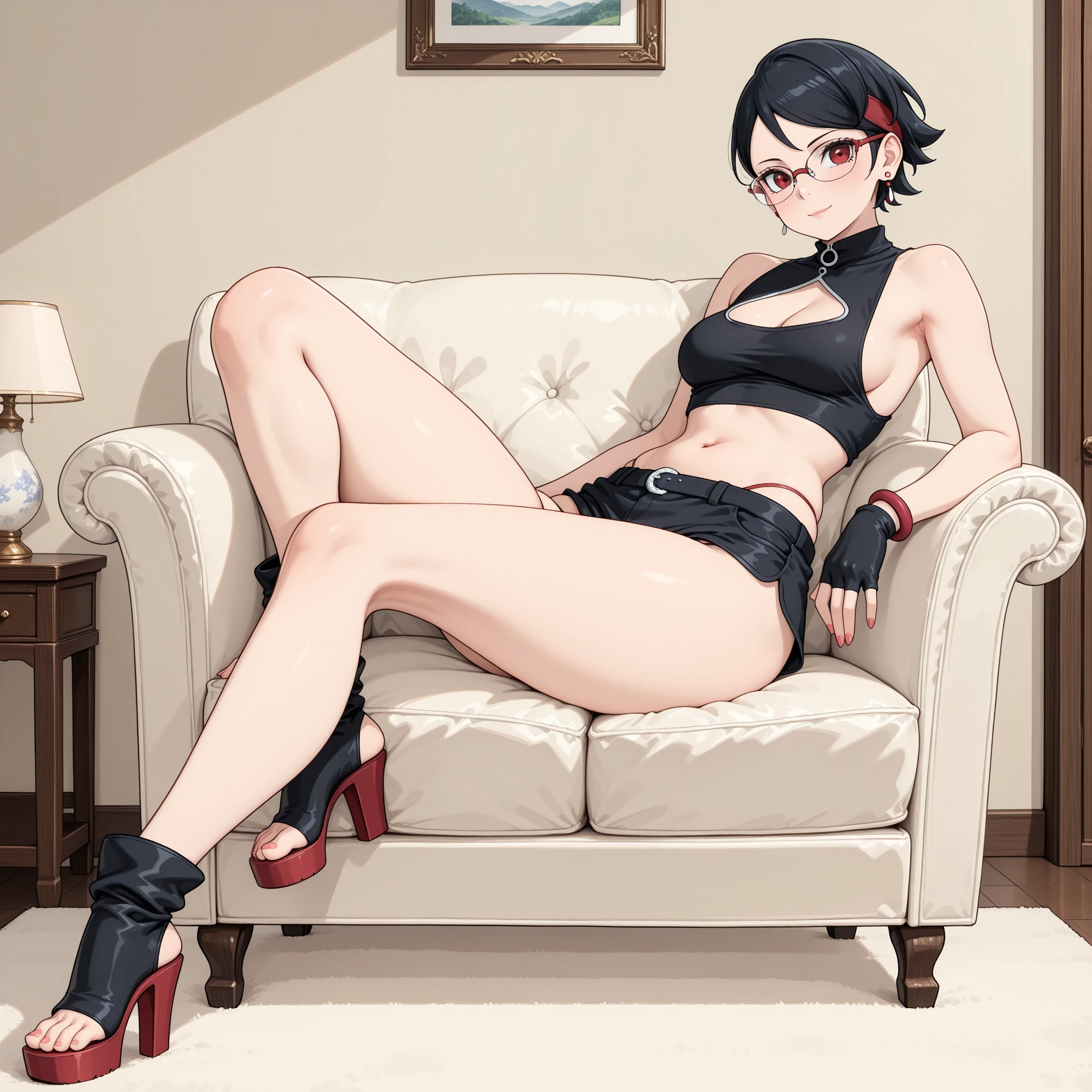 1girl, milf, serious face, red eyes, tomboy Pixie haircut, very Short hair, hair over one eye, black hair, black choker, white bandeau, belly, huge breast, extreme micro shorts, white stockings, black lipstick, black lipstick ear piercings, cowboy shot, squating, arms up, armpits, boots