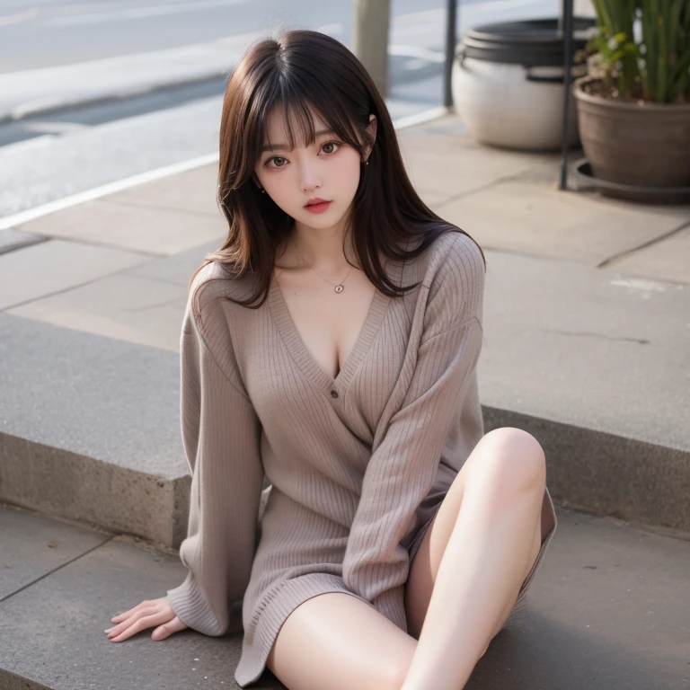 Non-NSFW、Realistic、Highest quality、Highest quality、masterpiece、Ultra-high resolution、RAW Photos、Realistic、Bright lighting、Face Light、Smooth Professional Lighting、Looking into the camera、alone、Adult female、Beautiful woman、Super Beauty、Realistic肌、Moisturized Skin、Realistic eyes and faces、Perfect model body shape、Beautiful Eyes、Big eyes、Inconspicuous tear bags、slim、Very good、Beautiful fingers、Very short hair、Brown Hair、iris、looks happy、(Both ears are covered by hair), (Thigh-length long knit shirt:1.3),(Off the shoulder:1.1),In the city, Small Ass, (Large Breasts:1.1),(Venus' Nipples:1.2), Königsreuter、Sexy Random Poses,(Are standing:1.1),(From behind:1.6)