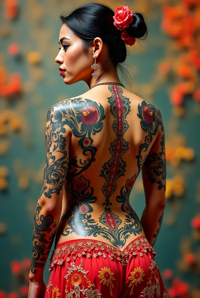Create a tattoo on a back featuring a majestic dragon intertwined with mythical symbols, set against a backdrop of ancient runes and mystical elements. . The tattoo should have a fantasy theme, with vibrant colors and a sense of magic and power