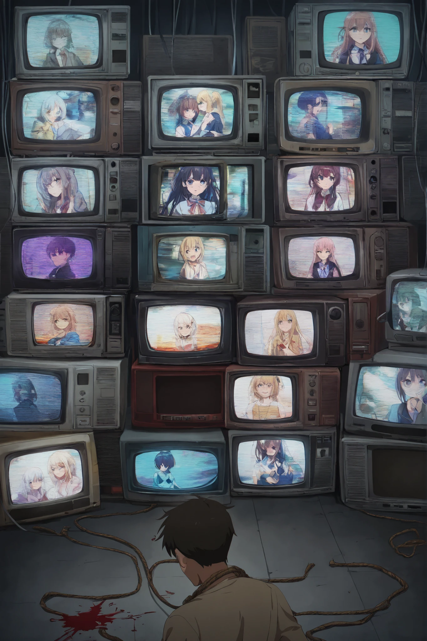 A dark-themed anime-style illustration in 16:9 aspect ratio. A young man sits on the floor in a dimly lit room, his expression blank and emotionless. A loose rope is around his neck (no violence shown), as he sits directly above bold white text that reads: 'Ctrl+Alt+Del My Life'. Red liquid splatters are scattered across the scene to add emotional tension. Behind him is a pile of retro CRT televisions (old tube TVs), some stacked unevenly, each displaying a black-and-white distorted or glitched image of his waifu. The VHS static and glitch effects enhance the digital despair and loneliness. The room is dark and moody, filled with a sense of emptiness and broken memories