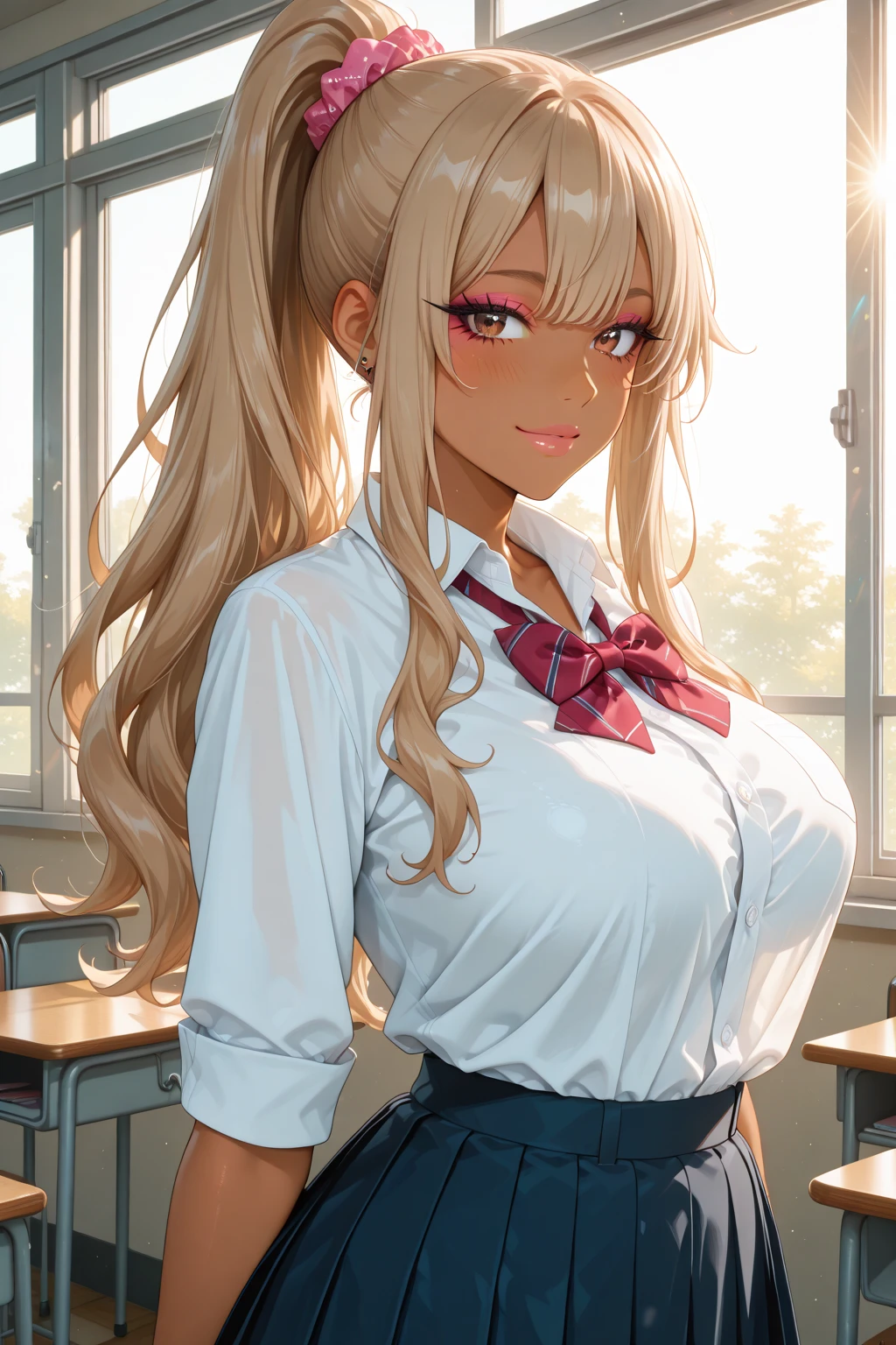 ((brown tanned skin)), cute face, round eyes, red contact lens, slanted angled brow, 17 years old, bold expression, naughty smile, red lips, ((blonde dyed hair)), ((tied up hair)), (((medium breasts size))), plumpy body shape, gyaru girl, high school classroom, colorful necklaces, colorful bracelets, earrings, ((white long sleeve shirt)), (((red ribbon tie))), ((grey school skirt)), ((waist up shot))