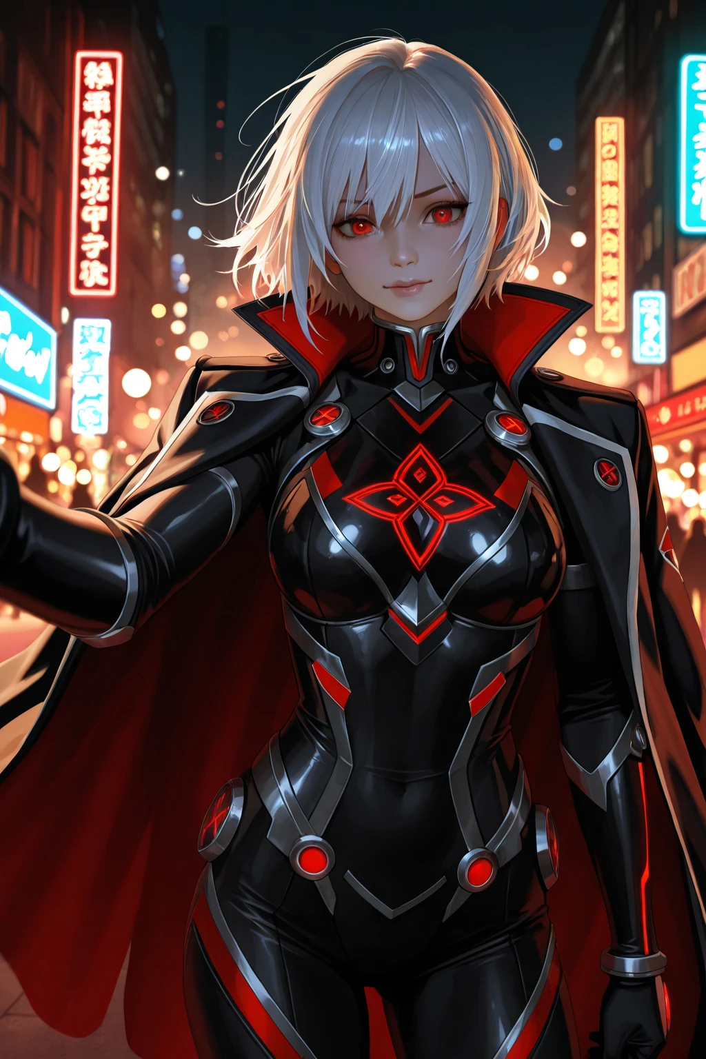 With her bright red eyes radiantly gleaming and futuristic attire distinctly contrasting against the urban cityscape below, the enigmatic female figure soars high in the sky, her cape billowing majestically in the wind, and a hood shrouding her face in further intrigue, evoking an air of mystery and allure around her ethereal presence.