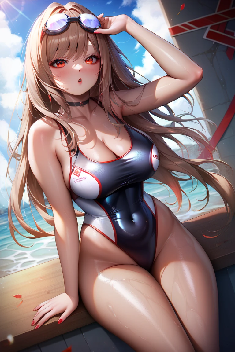 (highres), (absurdres), (best quality), (high quality), (masterpiece), 1girl, cross yellow eyes,  blonde hair, large breasts, playboy bunny, standing, long hair, hair between eyes, black leotard, rabbit ears, balcony, skin tight, collar, uncensored, arms behind head, open mouth, sharp teeth, blush, looking at viewer,<lora:powerChainsawMan_powerChainsawMan:0.8>,