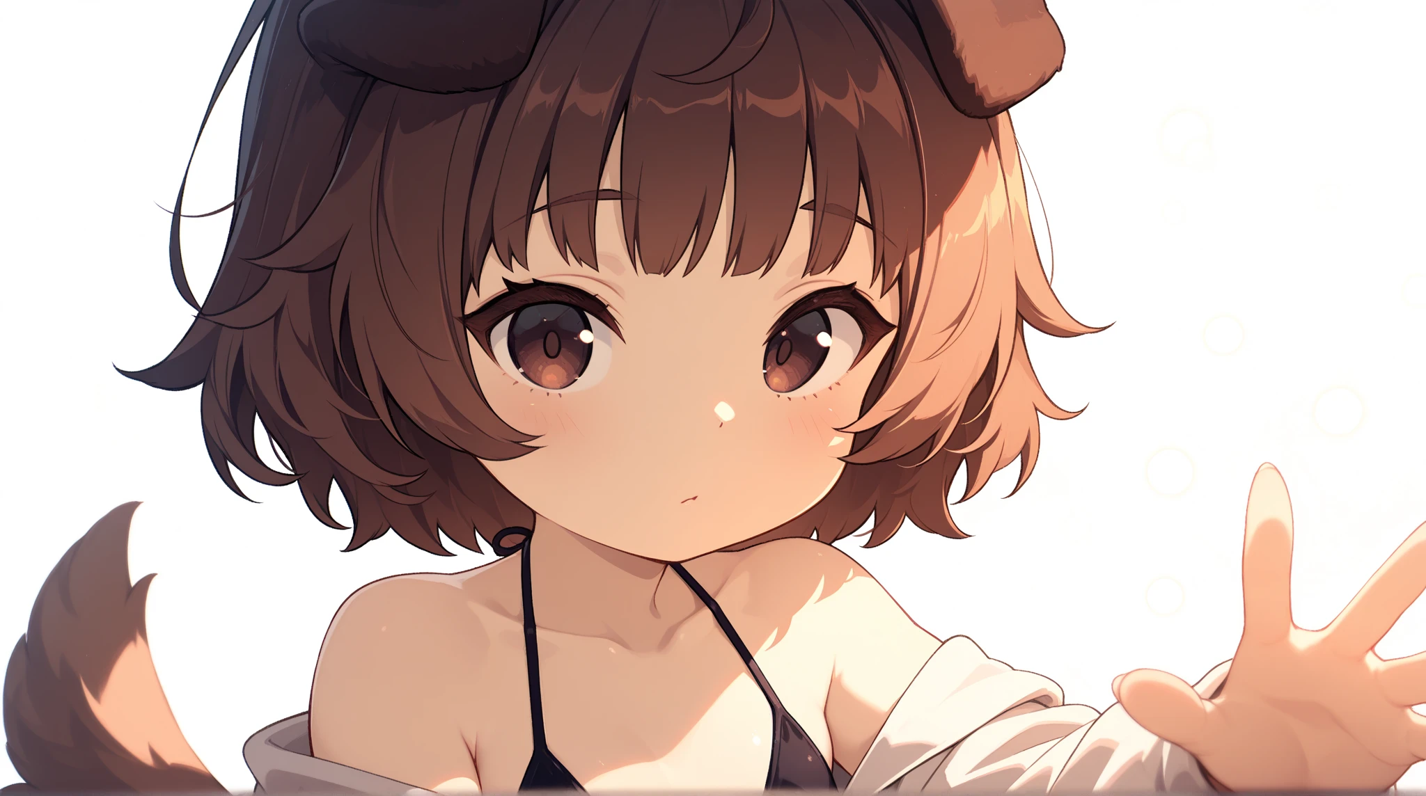 (medium bob hair, shy and blush face, Best Quality), ((Masterpiece)), (High Definition:1.3), Beautiful,(Masterpiece), Realistic, Beautiful photo, wide-shot, Dirty street、raise right hand、1girl, Slender small breasts、dog ears, light brown hair、Cute Beautiful Girl、Small Bikini