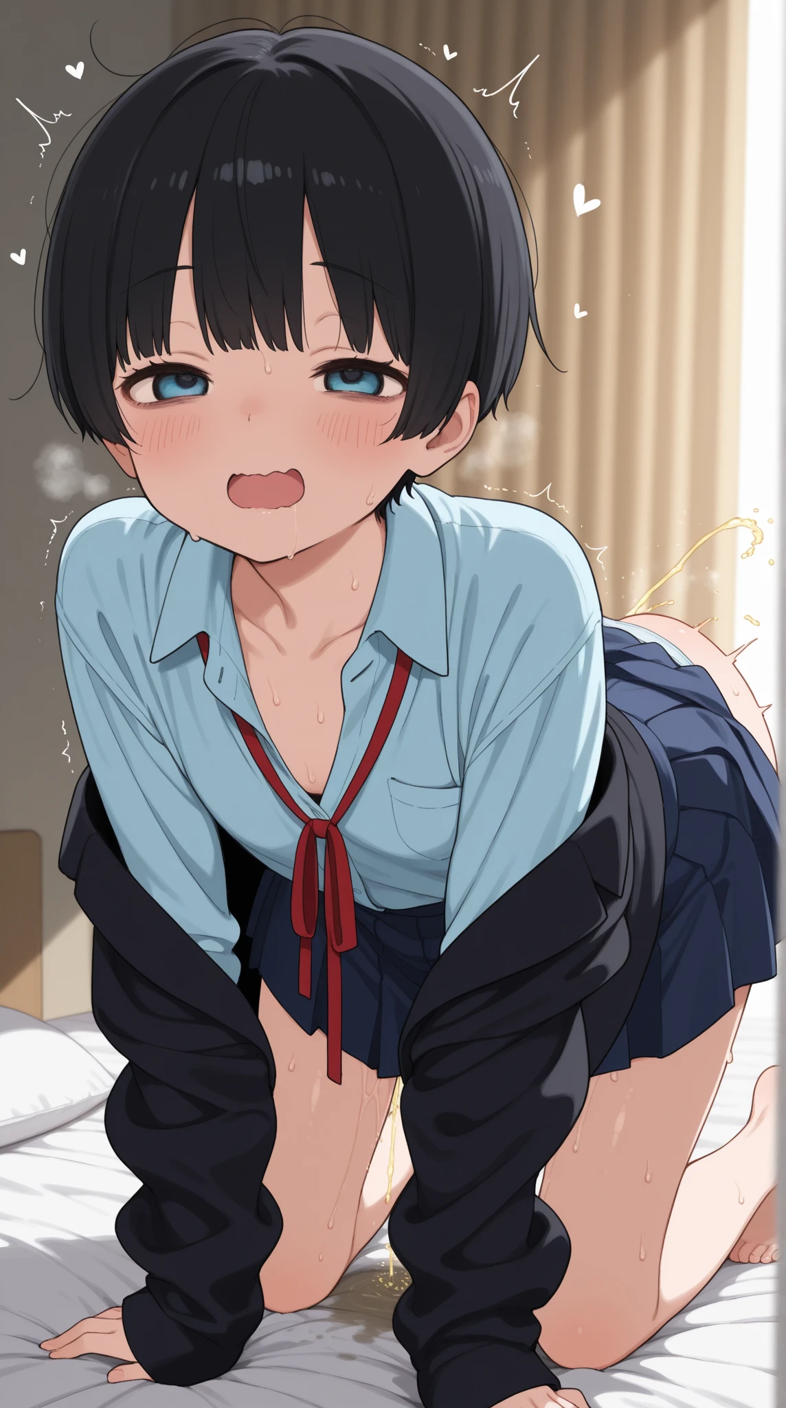 score_9, score_8_up, score_7_up, source_anime, , best quality, masterpiece, official art, absurdres, highres, ultra-detailed,waifu2x,Collection: Pixiv 1000,break,1girl, school girl, (loli:1.1),(petite:1.1),small breasts, very short hair, pixie cut,shiny hair,shiny skin,cute face,tearing up,black eyes,(nipples:1.2),orgasm face,wide open eyes,open mouth,(arched back:1.3),(man:1.2),(man behind girl:1.3),(doggy style sex:1.4),get down all fours,hetero,(man hold girl's waist:1.4),indoors,(clothed sex,intense sex:1.5),sweat,(faceless man:1.1),(female focus:1.2),sexual climax trembling, female orgasm, motion lines, motion blur, heavy breathing, cum,bukkake,sound effects,break,(clear line illustration:1.2), super detailed skin, shiny skin, very high resolution, very aesthetic, Best sexual lighting powered by famous artist, 8k, 16k, cute picture, beauty illustration,photoshop_(medium),,(Detailed Lighting),best anime 8k konachan wallpaper, pixiv contest winner, uncensored,