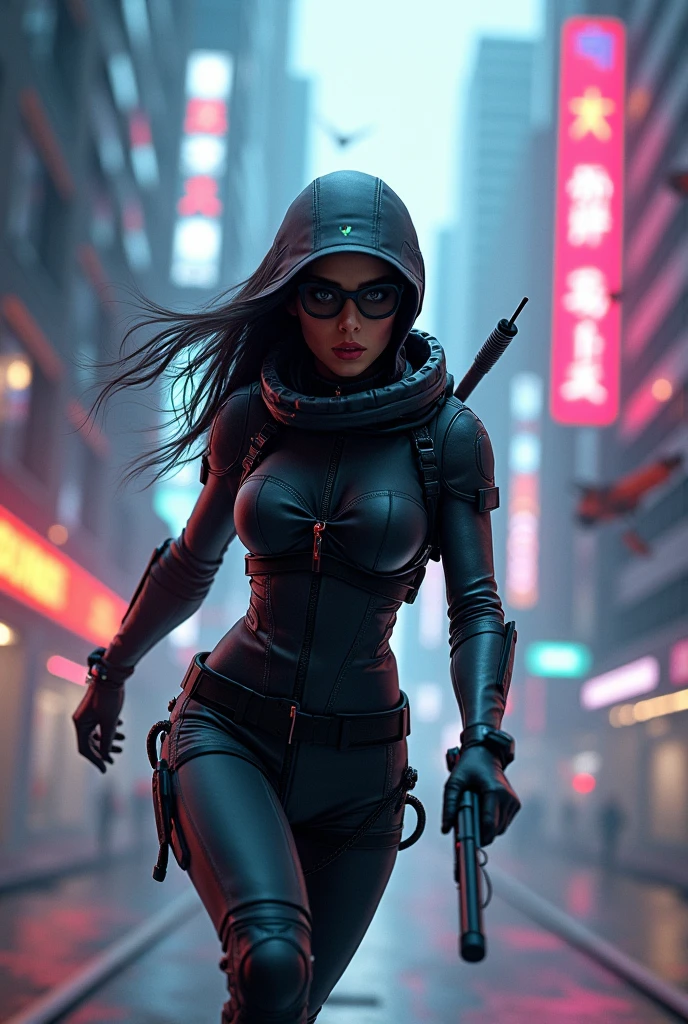 cyberpunk-style city with a nocturnal vibe with Matrix-like aesthetic references, glowing huge clock tower as time machine, green glowing cascading code. At night, (1girl, solo, alone), photorealistic, medium-breast slim:0.6 body, oval:0.5 face, cleavage:1.1, sexy black laced bra, miniskirt, white laced panty, coat, (black micro sunglasses), (holding a short gun), (slightly leaning forward running pose), ((half-body thigh level medium shot)), cinematic lighting, ray tracing, motion blurred background.