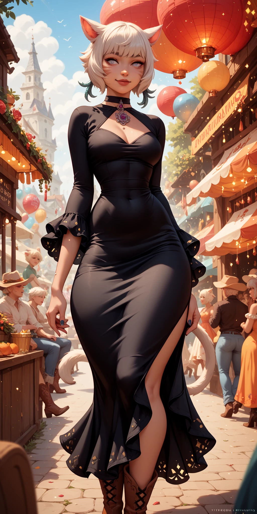Setting: Atmospheric Street Background (Think bustling city street at night with neon lights and rain, a foggy alleyway, or a deserted highway at dusk) - Choose the specific atmosphere you desire. Character: Appearance: Ultra Quality - High level of detail and realism Shiny Skin - Glowing and healthy Long White Hair - Flowing down the back Narrowed Black Eyes - Focused and intense expression (sharp or piercing) Attire: Long Black Dress - Elegant and flowing Pose: Fingers Crossed - A gesture hinting at hope, nervousness, or even making a wish. Accessories: Sunglasses - Adding a touch of mystery or coolness (consider the style of sunglasses to match the overall mood) Additional Notes: Consider adding details about the character's posture (standing tall, leaning against a wall, etc.) to enhance the scene. The quality of the image is 8K or Cinematic 