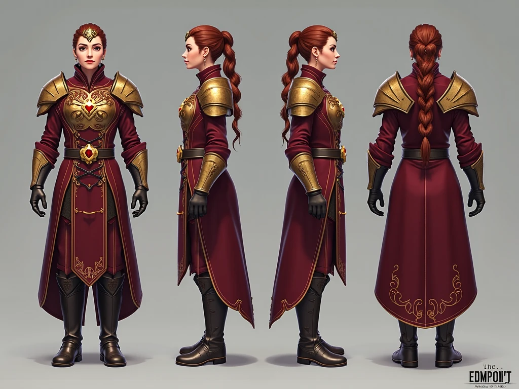 highres, masterpiece,
multi-view, turnaround, model sheet,  character design,
white background, simple background,
full body character turnaround of 1girl, Multiple views of the same character in the same outfit,
female knight, medieval armor, red tunic, silver breastplate, greaves, gauntlets, brown boots, leather belt, gold buckle, side profile, armed stance, historical costume, realistic textures, full-body suit, pants, trousers, 
<lora:CharTurnRetag_v4:0.1>
<lora:Witcher3turn_v1:0.6>
<lora:Medieval2turn_v1:0.1>
<lora:bg3Turn_v1:0.1>