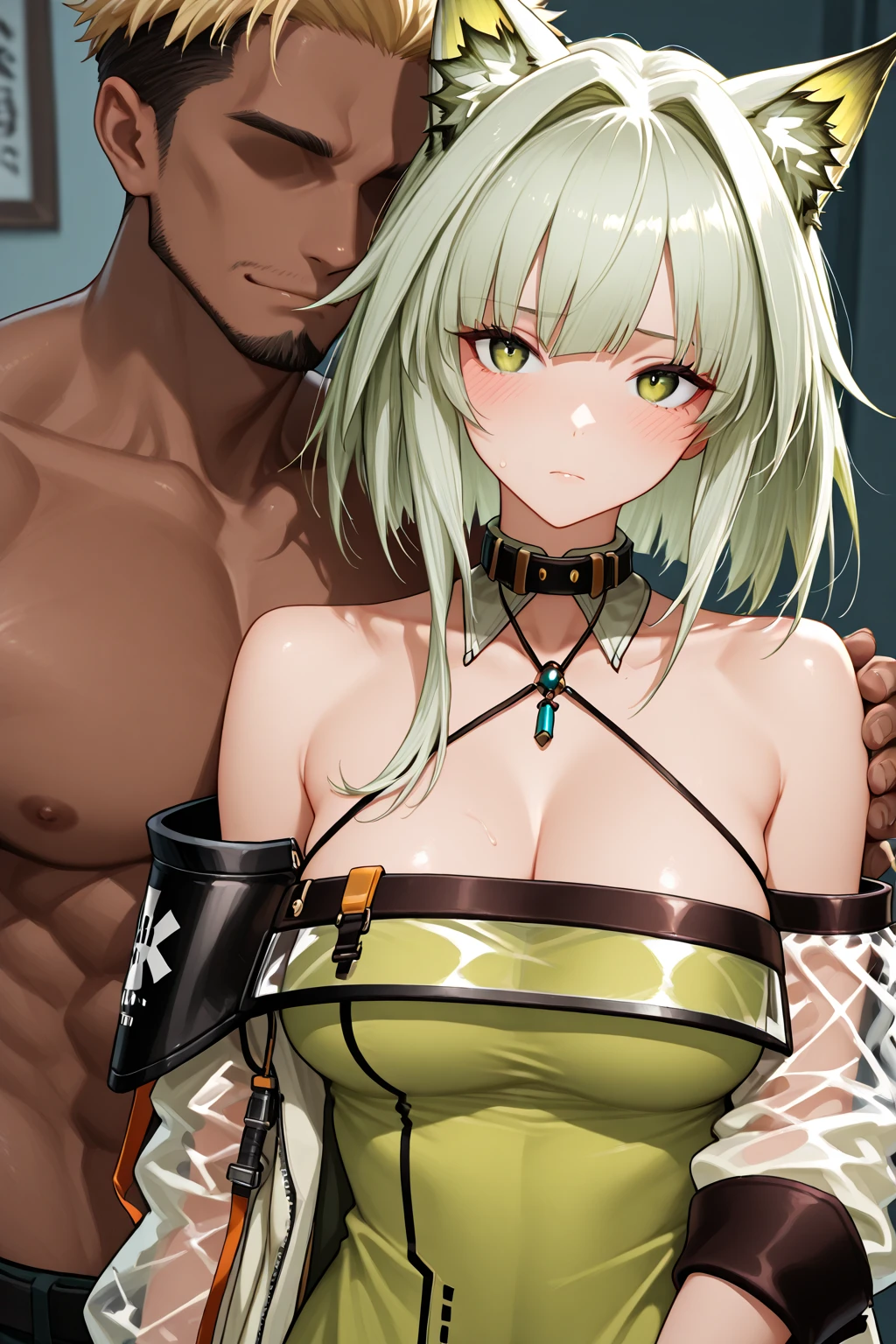 1girl, 2boys, (2boys grabbing 1girl breast:1.2), grabbing breast, v sign, ((double v)), standing, cowboy shot, facing viewer, sandwiched, (bikini), sweat, wet, shiny skin, narrow waist, black man, beautiful smile, masterpiece, best quality, highly detailed, (covered nipples)