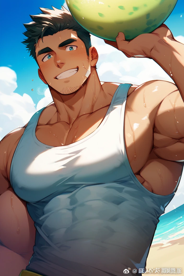 very muscular bull man, shirtless, big breasts, tight shirt, small horns and bull ears, long bull tail, tight shorts showing bulge, man in forest, sexy bull man, tender face, small round horns, wears glasses, curls and waves, short but fluffy hairhairstyle with waves, man would be smiling, slightly downward camera perspective, nipples, bull ears 