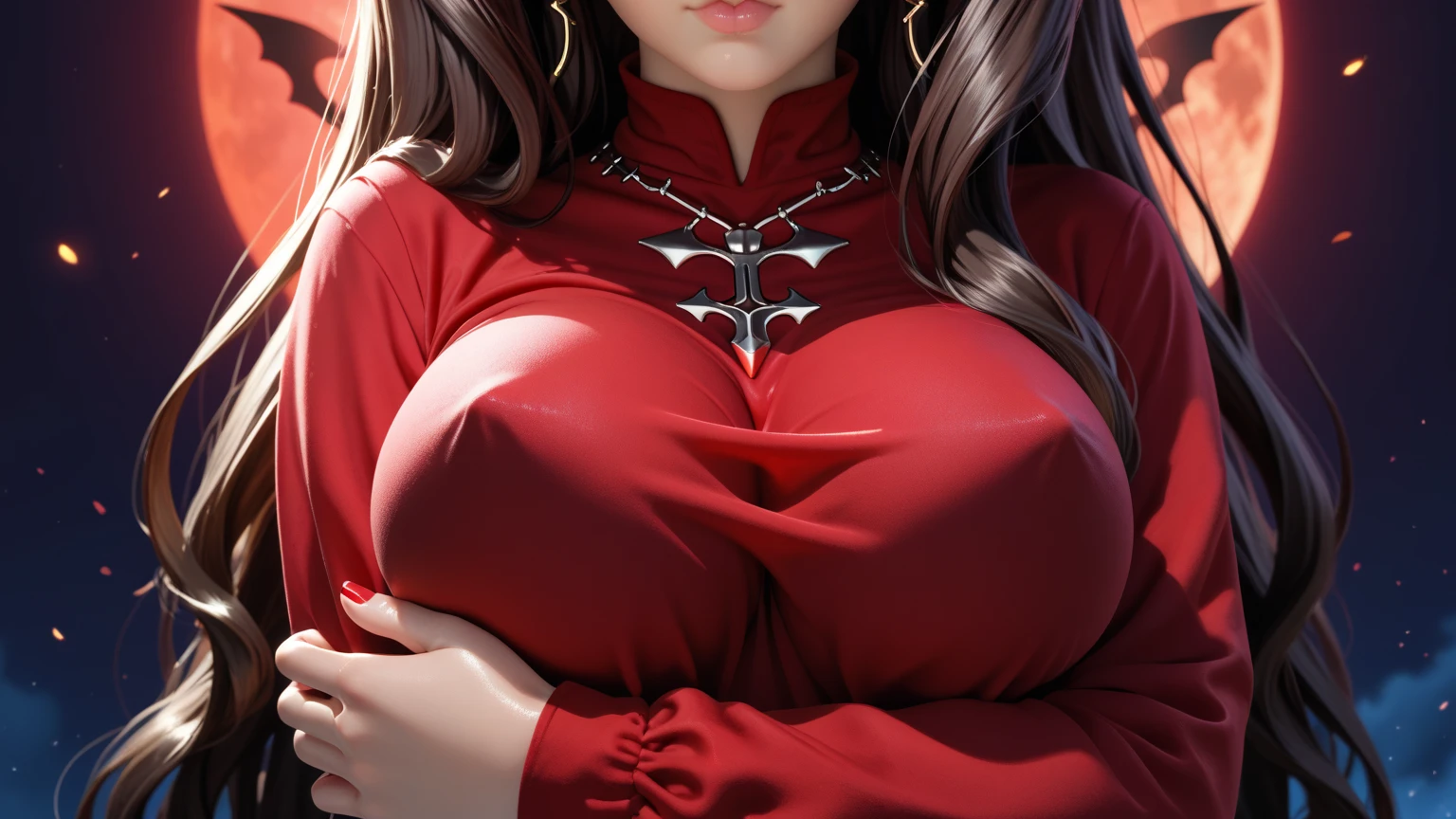 masterpiece, best quality, black hair, glasses, necklace, earrings, red sweater, turtleneck, labcoat, black miniskirt, large breasts, upper body, looking at viewer, doctor's office, smile, mischievous,