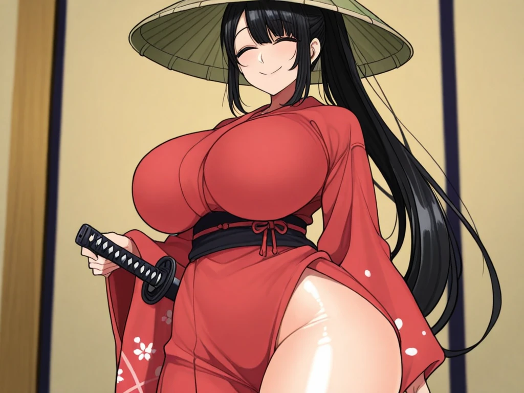 (Best quality, 4k, Masterpiece), hyper realistic, ultra-detailed face, perfect face, perfect eyes, extremely detailed beautiful eyes, shiny eyes, detailed hands and fingers, detailed, cinematic lighting, ((very busty Japanese samurai lady :1.2)), ((thick flowing very long black hair:1.2)), ((side locks, hair tube, hair rings)), curtain bang, beautiful eyes, glossy lipstick, ((coloured lipstick)), big lips, full lips, blue eyes, ((mature woman)), (Voluptuous), (Curvaceous:1.3), (Bimbo), (Milf), ((full body)), (simple smile), sexy, feminine, seductive, alluring, enigmatic, ((gigantic massive natural breasts:1.5)), ((very saggy hanging breasts:1.5)), ((bursting cleavage)), narrow waist, wide hips, thick thighs, huge ass, long legs, scantly samurai armour, katana sword, headband, cherry blossom trees, Japanese shack, detailed background, ((NSFW)), Illustration, anime, ((traditional drawing:1,5)), ((sketch:1.2)), ((cowboy shot))