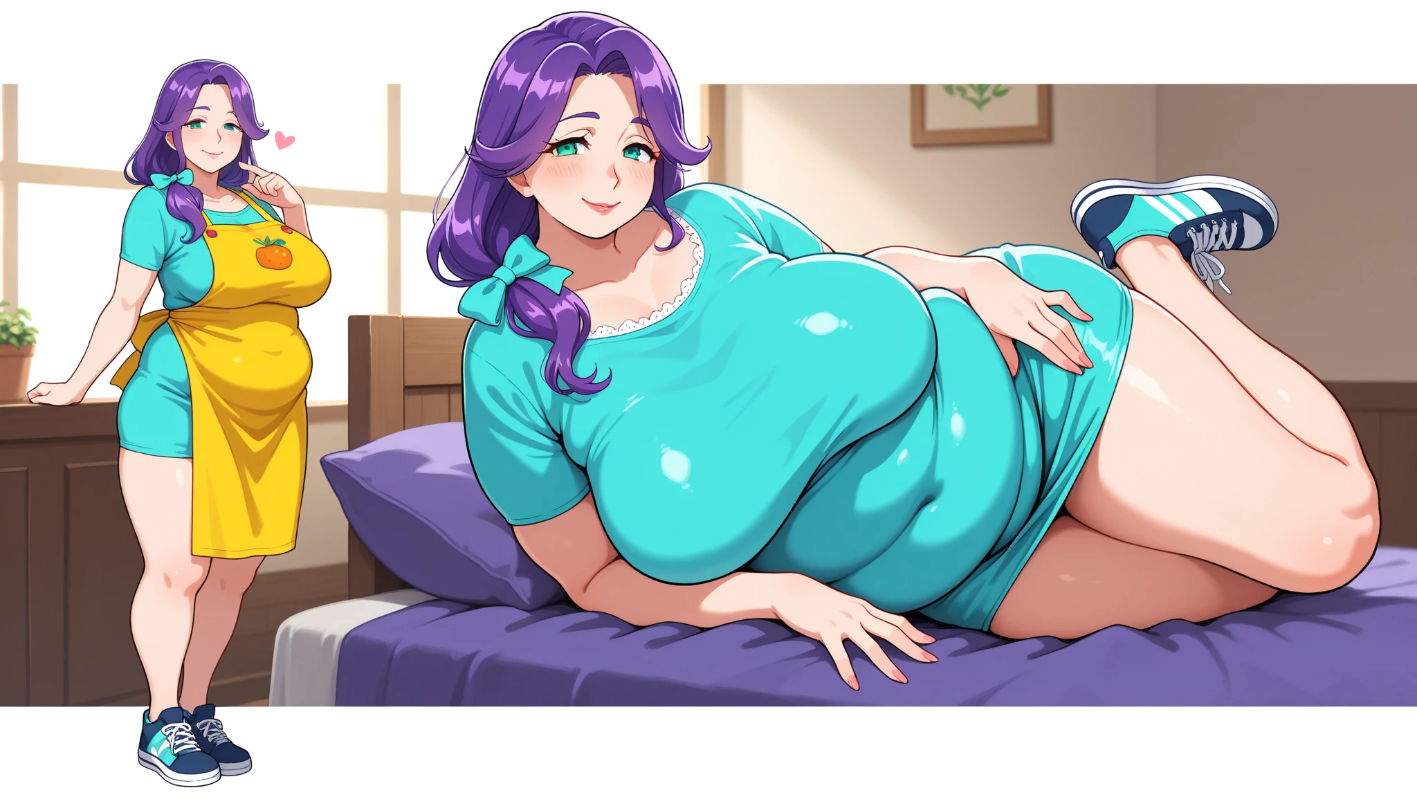 Starfire, masterpiece quality, best quality, alone, solo, 1girl, long hair, green eyes, orange skin, (orange skin:1.4), midriff, topless, naked breasts, (naked breasts:1.5), purple thighhighs, bare shoulders, smiling, dynamic pose, in a fancy bedroom, big breasts, (big breasts:1.3), lots of cleavage, huge prenant belly, (hyper pregnant belly:1.3),