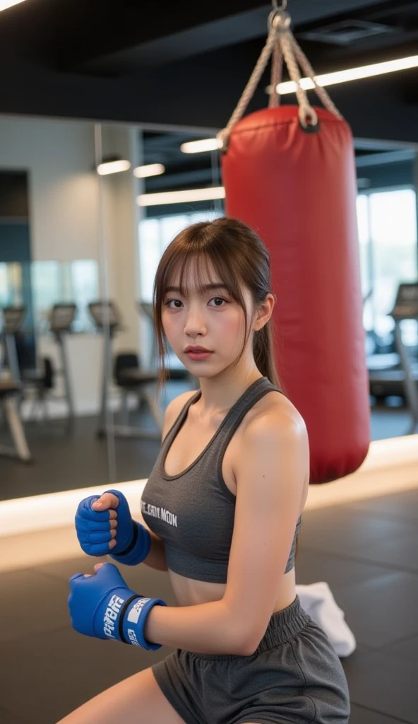 (medium full shot) of (chiseled boxer) young woman, japanese, pale skin, light brown eyes, Average build, extra long dark french braid hair, wearing blue muscle shirt, loose fit shorts, high-top trainers, boxing gloves, sweatband, set in boxing gym, heavy bags, speed bags, free weights, workout benches, mirrors along the walls, boxing ring in the center, motivational posters, lot of people, woman smiling, ,Masterpiece,best quality, photo, realistic, very aesthetic, detailed face,