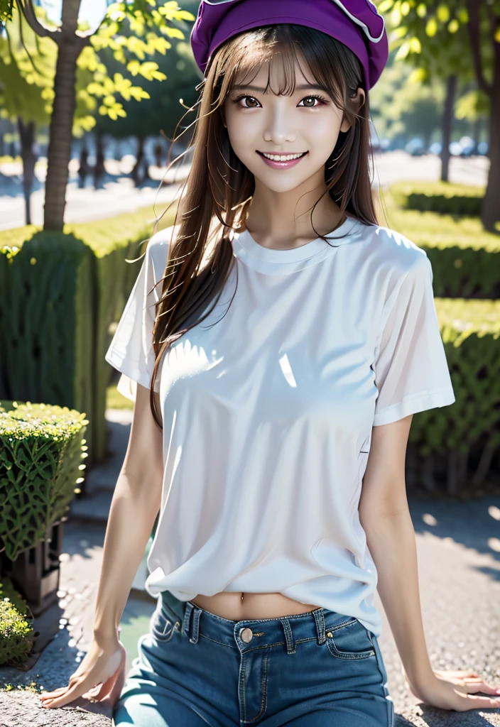 close-up of beautiful korean female, 34 inch breasts size, wearing big t-shirt, pants cap, in the zoo, bokeh background, UHD