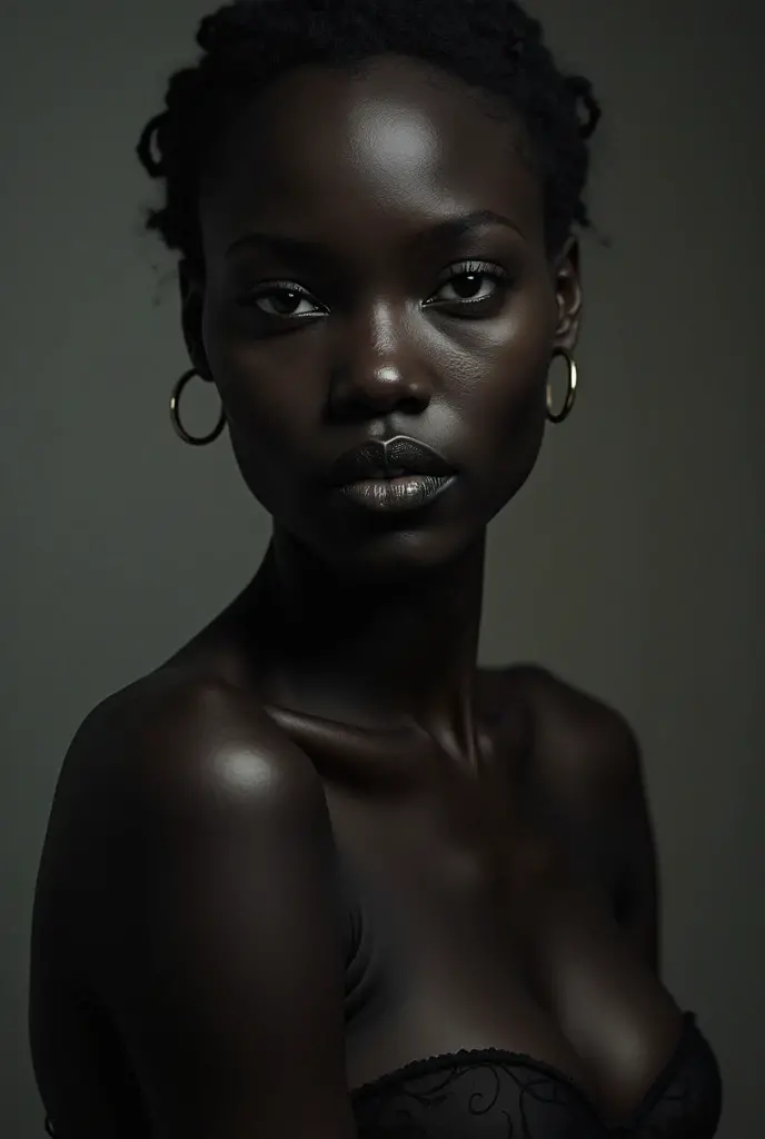 realistic photo of photoshoot of very black woman model shaved head, large, expressive light blue eyes, full mouth, thin face, looking at the camera, sitting on a gray bench, gray empty background with artificial photographic lighting. olhar serio e sexy, gaping mouth
