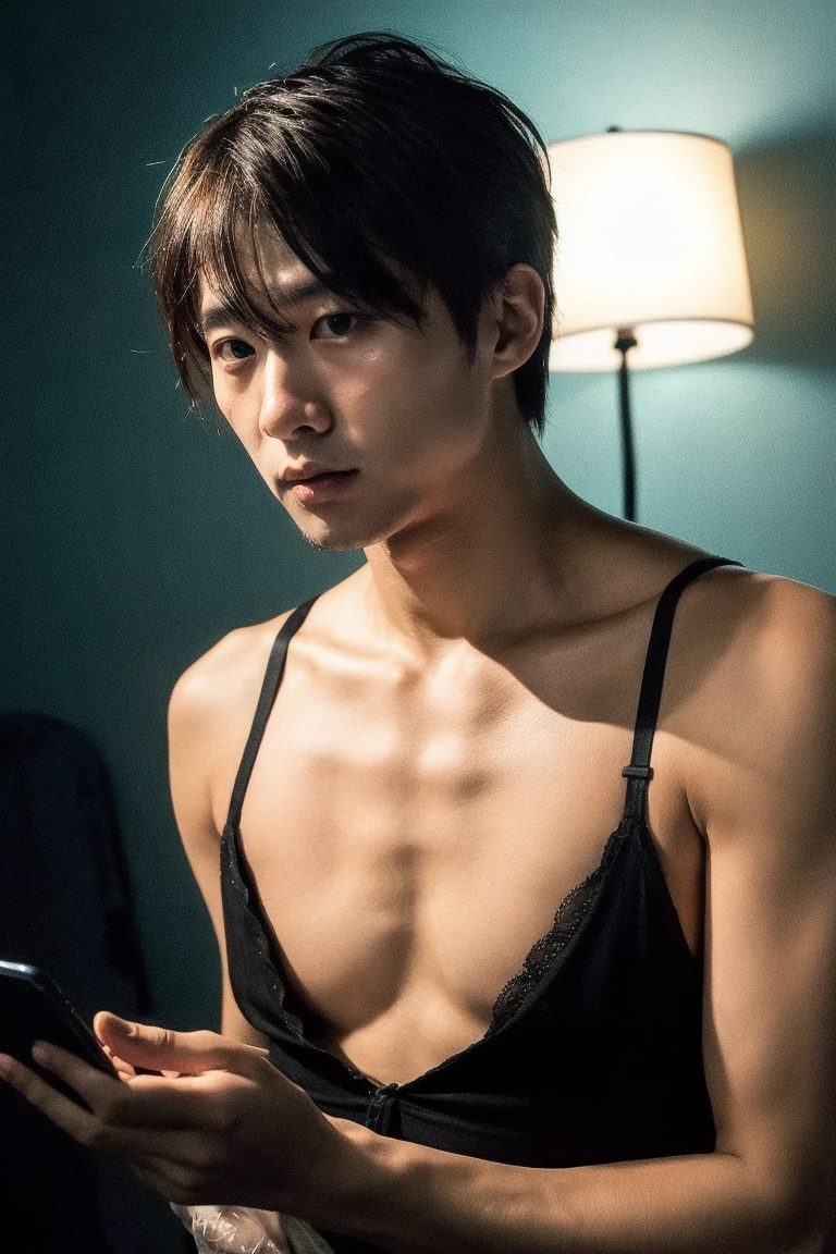 Real photo style、Realistic、Cute handsome man、Idol face、、Japanese、Slim body、Mash Hair、Ripped clothes、Completely naked、Full nudity、Frightened expression、On the road