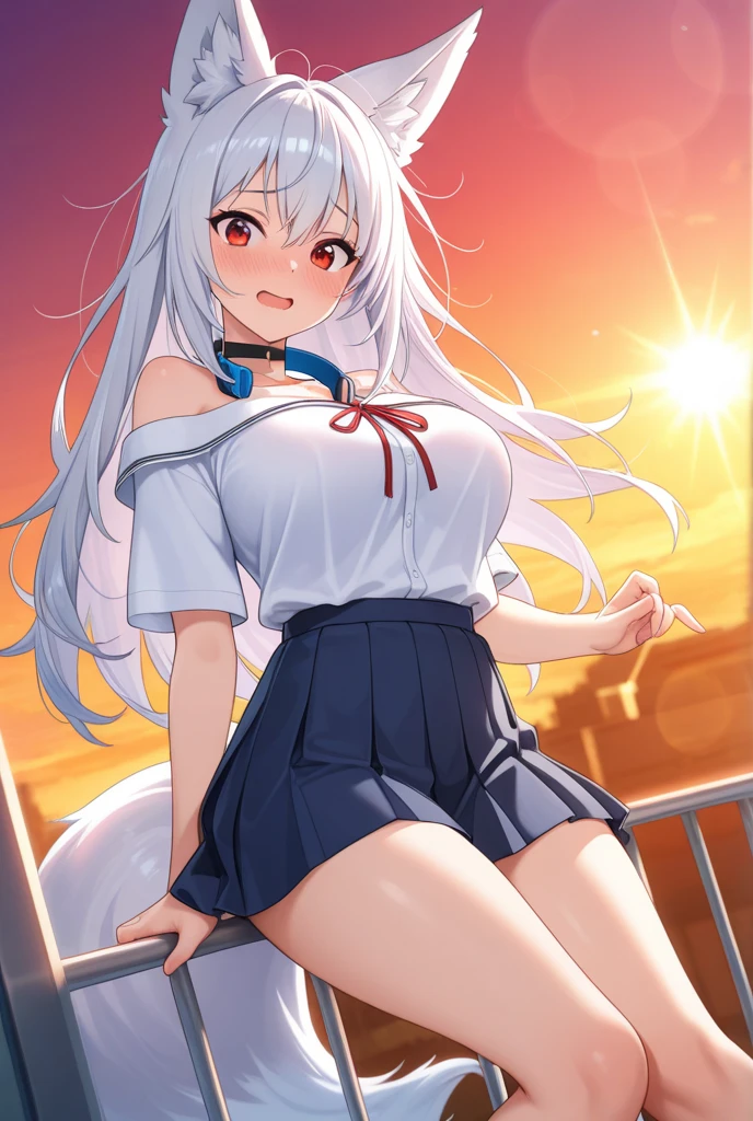 , 1girl, solo, huge breasts,standing,,
<lora:ShinanoWhiteFrilledBikiniWhiteChoker:0.7>,cowboy shot, fox girl, multiple tails, alshin, school uniform, miniskirt, bare legs,