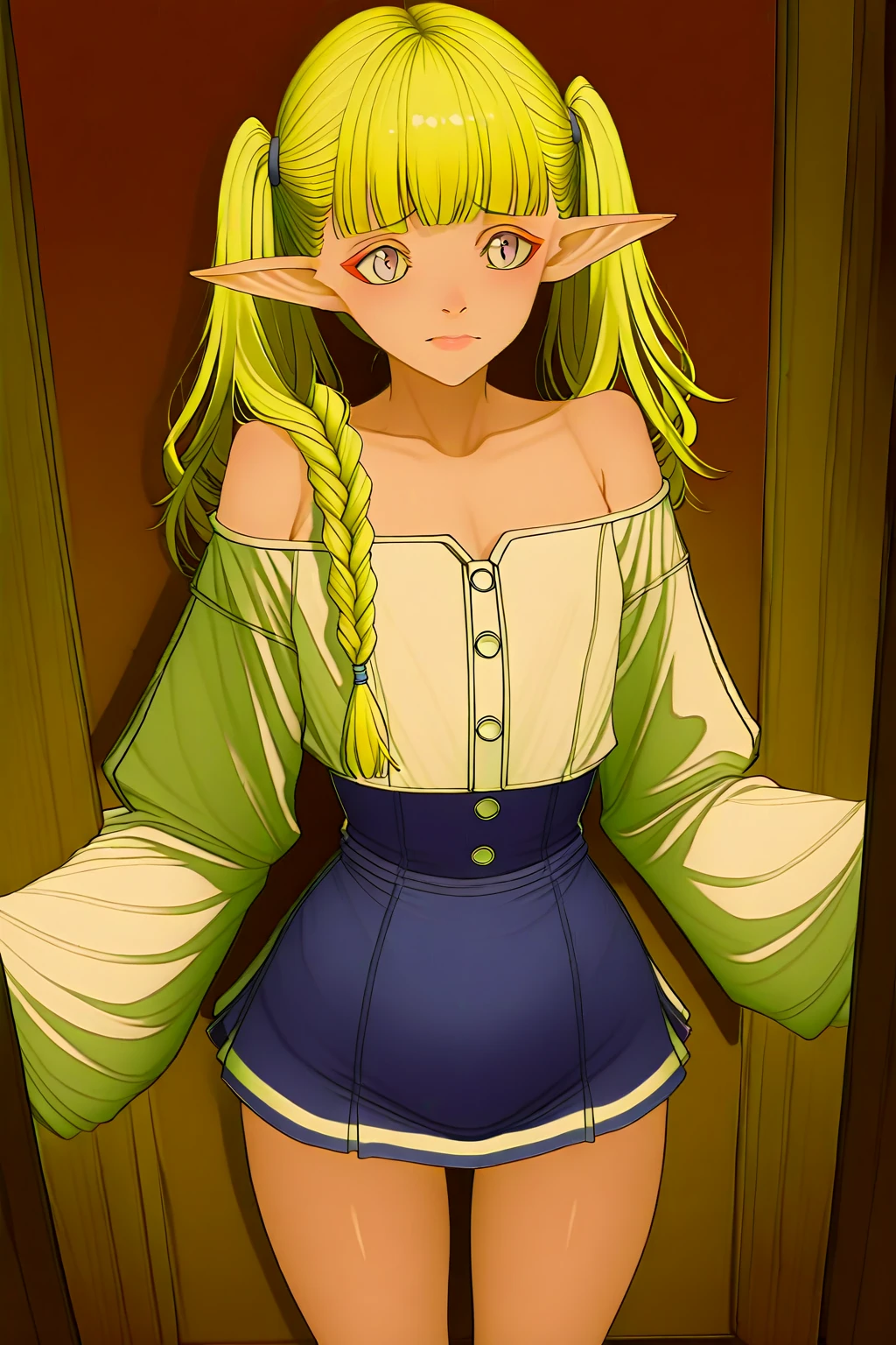 1 boy, solo, 1 boy, solo, solo, masterpiece, best quality, 18 years old, link, elf, tan skin, long blonde hair, blue eyes, eye shadow, lipstick, crop top, mini skirt, thigh highs,