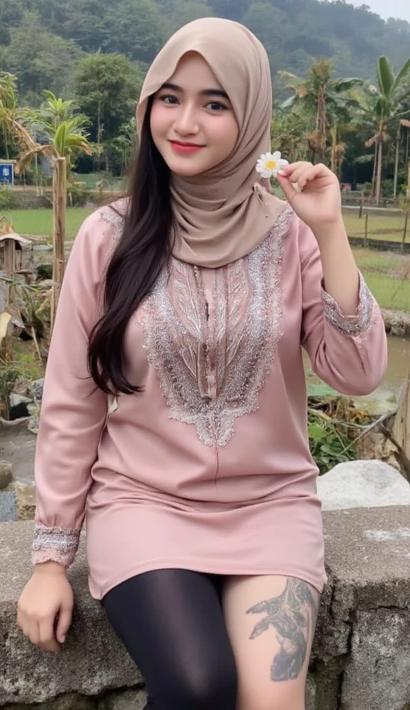 RAW, Best quality, high resolution, masterpiece: 1.3), beautiful Malay woman in hijab,Masterpiece, perfect fit body, ((Huge breast)), erected nipple, biggorgeous eyes, Soft smile,muslim woman in a plain long sleeve shirt and hijab posing for a picture, hijab, with lovely look, with beautiful colors, with accurate face, pose 4 of 1 6, traditional beauty, batik, wearing beautiful clothes, beutifull, with beautiful exotic, attractive pose, cute pose, scarf, wearing plain chiton, very attractive, she is smiling,Delicate turtleneck, necklace, shairband, afternoon walk, City garden, Excellent lighting, Bright colors, Clean lines, Large breasts,