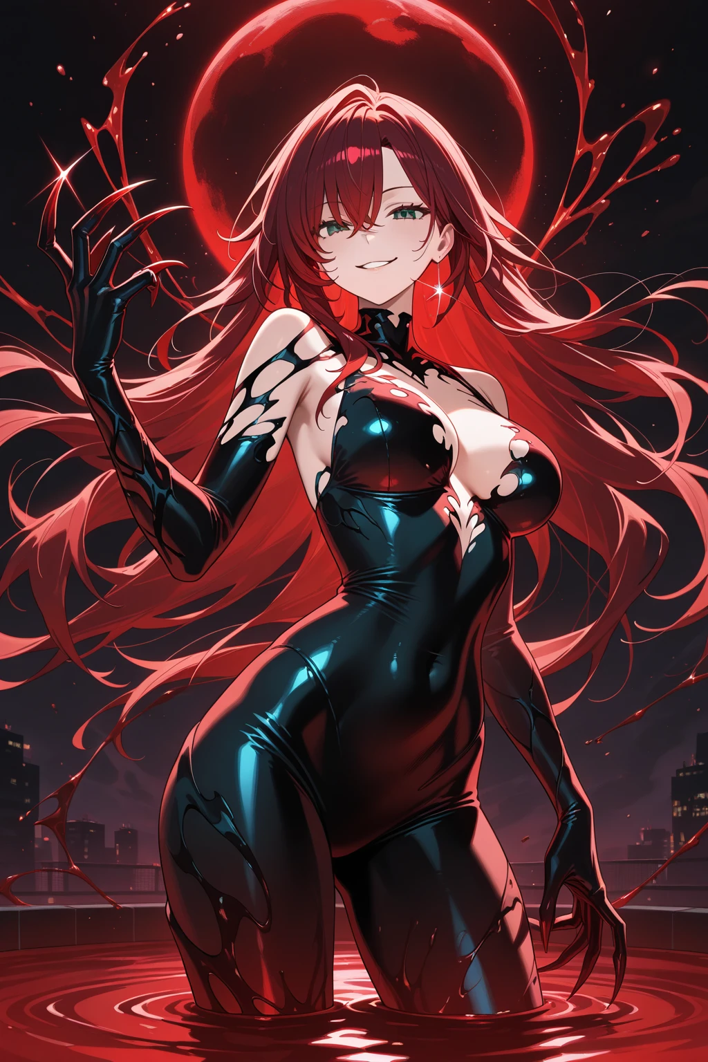 An anime-style redhead girl with long, messy hair emerges sensually from a dark lake of blood. Her skin is pale like a vampire's, and wears a tight school uniform, soaked and stuck to his body, highlighting your figure. She is in a provocative position on all fours, with arched back, as his hands touch the surface of the lake of blood. Her expression is a mix of seduction and danger., with a sadistic smile on his face and dark eyes full of malice. Blood drips from his body, while the dark and oppressive atmosphere accentuates its threatening and sensual aura