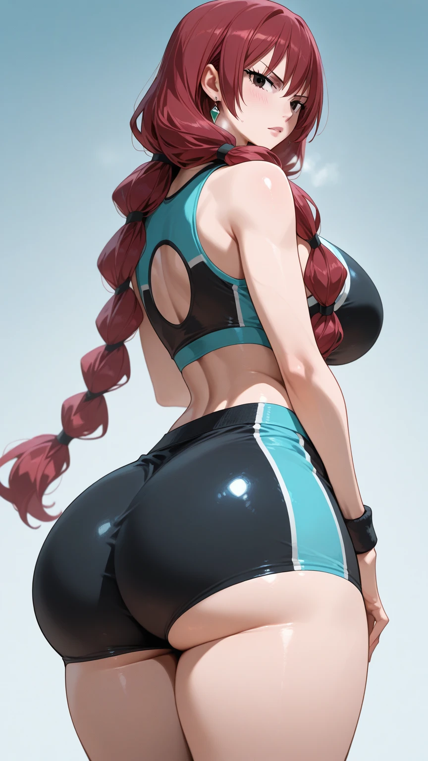 low angle shot，shoot down and up、Back photo。Kneel down、Show her ass，actual、Super high chroma、8k、Long red hair(((30 year old woman)))、((((She is wearing a black competition swimsuit。))))、competitive swimmer、big breasts、Thick thighs、Pay attention to muscle development。競泳プールolympic Comcompetitive swimmerics stadium 美しい顔, Highly detailed facial and skin textures, (natural cheeks, skin shiny, White skin,Sweating 1.0、(((vitality)))

