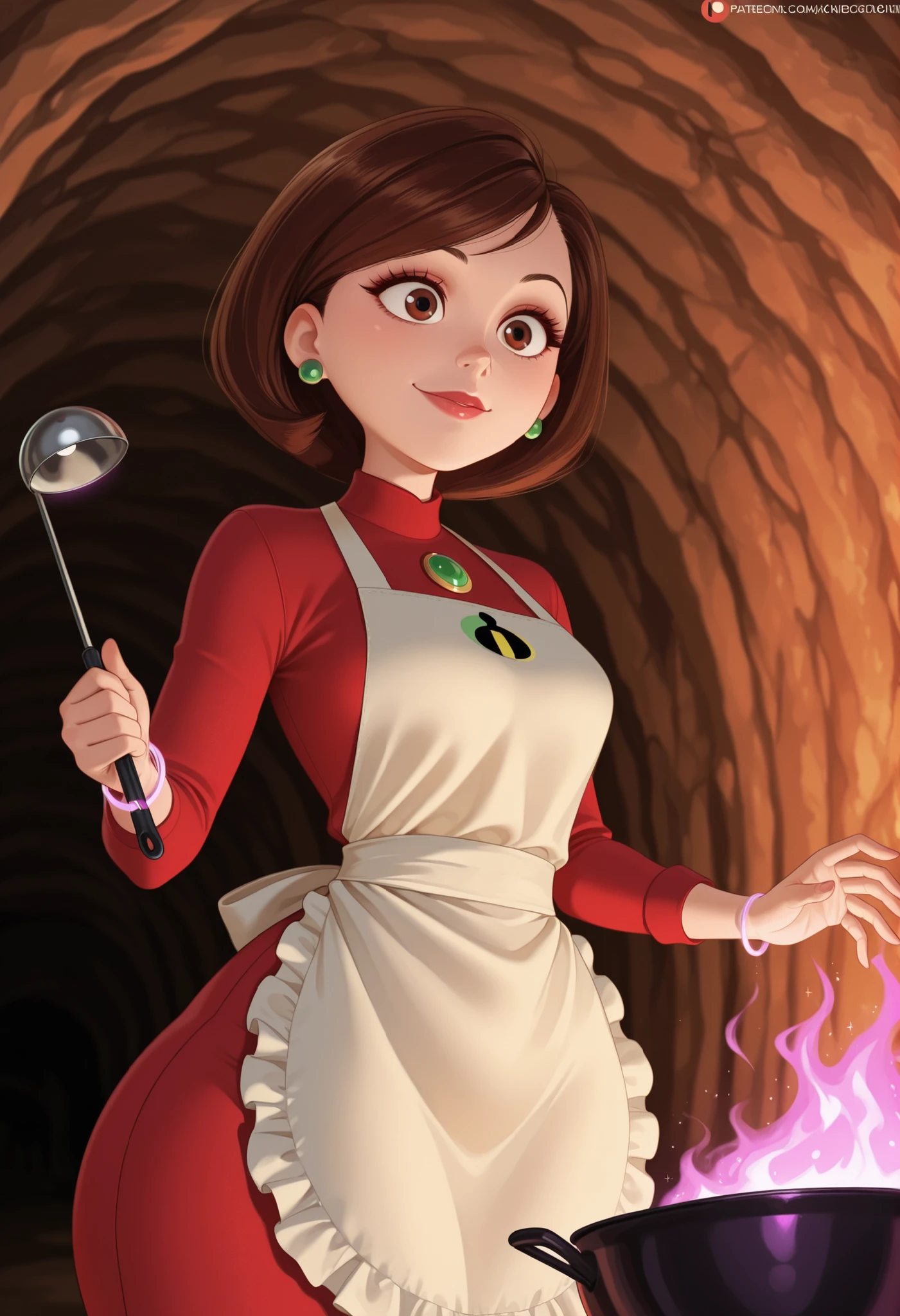Helen Parr , mature female, medium hair, Bob_cut, brown hair, brown eyes, big eyes, long eyelashes, medium breasts, narrow waist, thick thighs, huge hips, fair skin, thin hands, earrings, makeup, pink lips, lipstick.| top quality, Artistic Gem, Super detailed description, Side Face of a Girl Who Concentrates on Cooking, Pastel Dress, Frilled Apron, Magical Wrist Bracelet, Magical glowing ladle, magical potion Stove with a Purple Magic Team Shines, Magical Numbers Showing Temperature, Glowing Cookware Flying Through the Air, Magically Controlled Fire Level, cave bed with Large Windows, Fresh morning light, Happy potion making time
