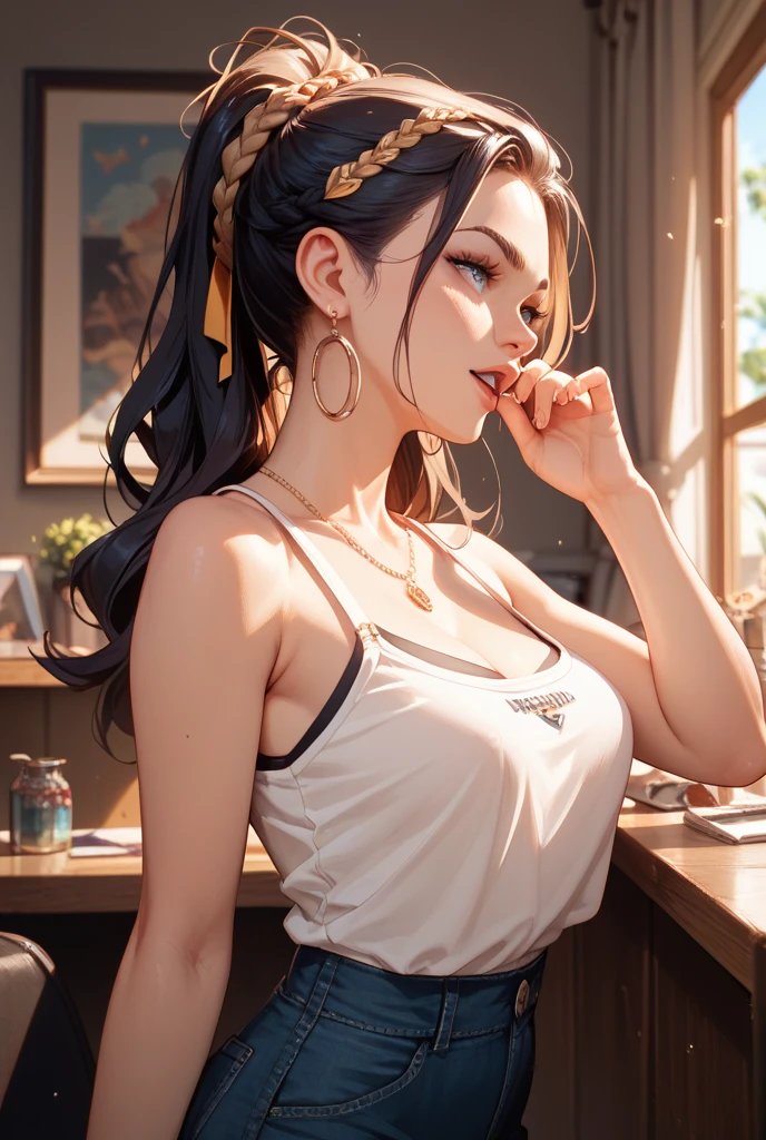 (masterpiece, best quality), 1girl, solo, brown  hair, curly hair, small breasts, pale skin, long eyelashes, sitting, upper body, looking at viewer, elbow rest, parted lips, seductive smile, sexually suggestive, cleavage, mascara, necklace, bangle, earrings, teacher, milf, 26 year old mature woman, slender woman, tshirt, teacher, tight jeans, classroom, white boardhair tied back in loose ponytail, tiny , leaning over desk, eyes half closed,