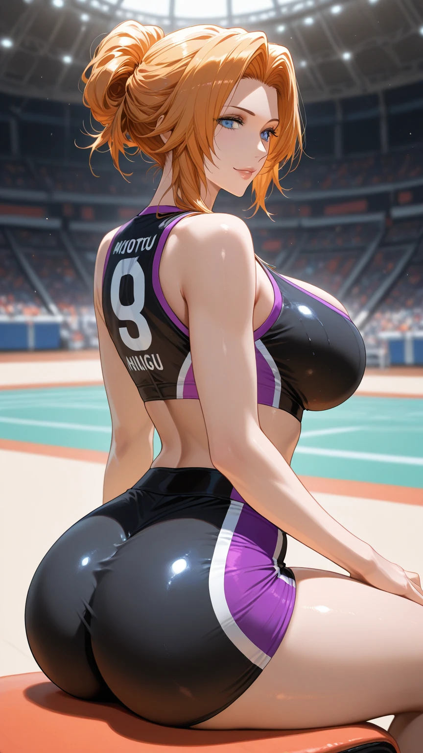 (masterpiece, best quality:1.2), solo, 1girl, red hair, yellow eyes (high detailed-eyes), makima wearing a lakers sleeveless shirt,, big tits,big ass, wide hips,, wet, hot.
