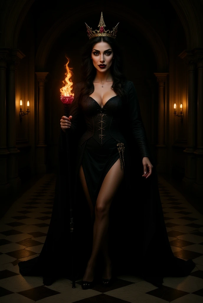 She is dressed as a seductive witch, wearing a form-fitting, black velvet gown with a plunging neckline and intricate lace detailing on the sleeves and bodice. The gown should have a flowing, floor-length skirt with a hint of shimmering fabric that catches the light subtly. She is adorned with silver jewelry, including a pendant with a mystical symbol, and her look is completed with dark, dramatic makeup and a hint of a smoky aura around her. The overall mood is mysterious and enchanting, with the subdued lighting enhancing the seductive and magical ambiance. (extremely detailed CG unity 8k wallpaper), (best quality), (best illustration), (best shadow), absurdres, realistic lighting, (Abyss), beautiful detailed glow, art by PeterMohrBacher,