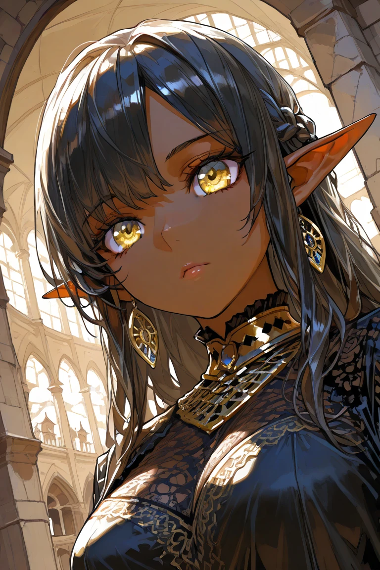 Masterpiece, high quality, (Deep brown skin tone), elf, fit, beautiful elf, sexy elf, female, portrait, piercings, virgin, black eyes, princess, Aesthetic, pixie cut, photographic, sunny day, wearing a thong