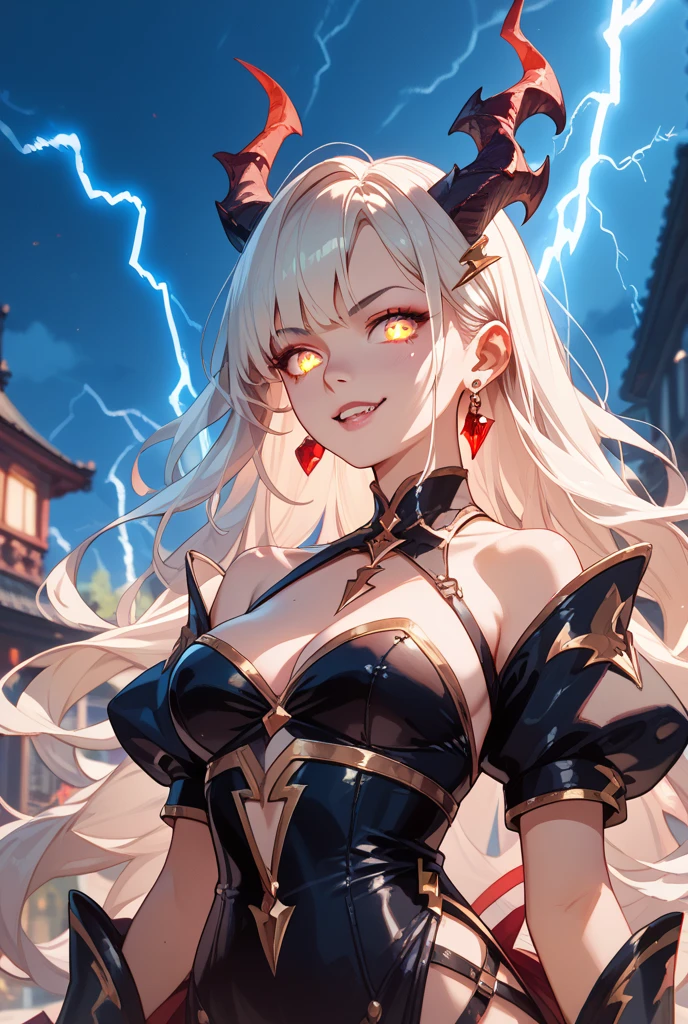 (((red-skinned girl))),((long white hair, yellow eyes,sexy clothes,big breasts,red horns)),vivid colors,fantasy style,dramatic lighting,(best quality,4k,8k,highres,masterpiece:1.2),ultra-detailed,(realistic:1.1),(HDR:1.1),(portraits:1.1),intense colors,sharp focus,physically-based rendering,extreme detail description,vibrant background,ethereal atmosphere, cute girl