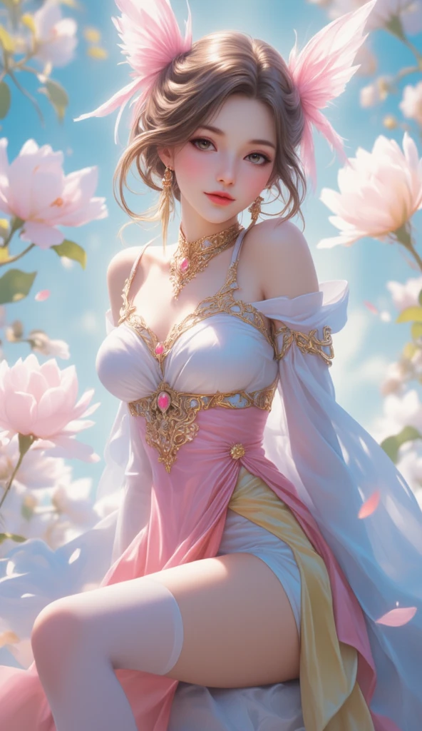 1girl in a masterpiece, top-quality, official art, beautifully aesthetic: 1.2, highlighting her upper body. The girl is surrounded by 1 flower, creating a highly detailed, colorfully vibrant scene. The artwork showcases the beauty of fractal art: 1.3 in the most intricate and detailed manner possible.