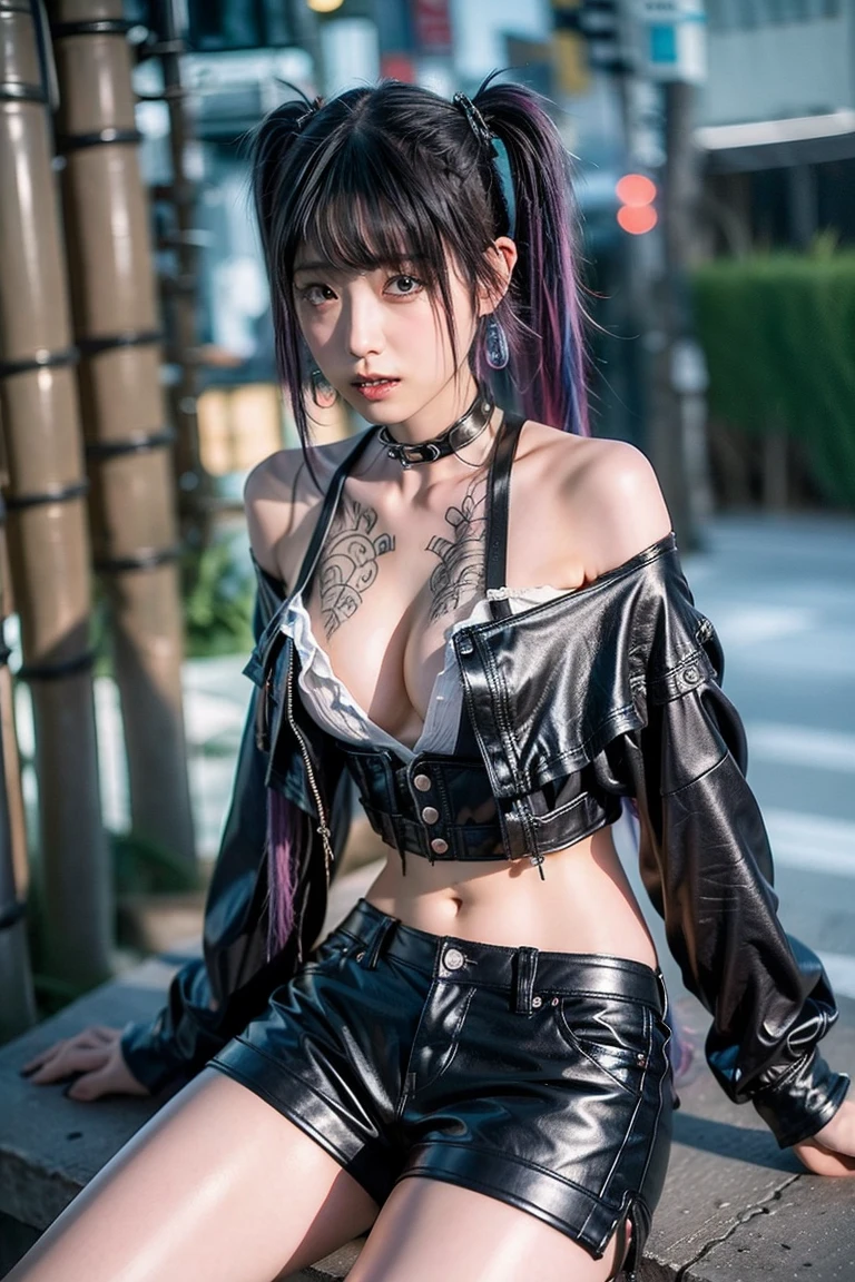 (NSFW:0.9) ,One Girl, Gray Hair, Long Hair, Techwear masterpiece, Highest quality, Realistic, Dark purple jacket, Portraiture, fine grain, Platinum Hair, 21 year old girl, Fashion pose, Half Body, Wide Shot, on the road, cyber punk,(((He has many tattoos all over his body)), (((Tight waist))), ((Big Breasts)),(See through)，panties