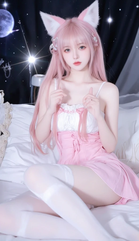 (masterpiece), best quality, expressive eyes, perfect face,1 girl, woke up from bed, wearing a white dress, pink hair, blue eyes, open mouth, detailed fingers, detailed clothes, still sleeping in bed, beautiful face,2 hands detail