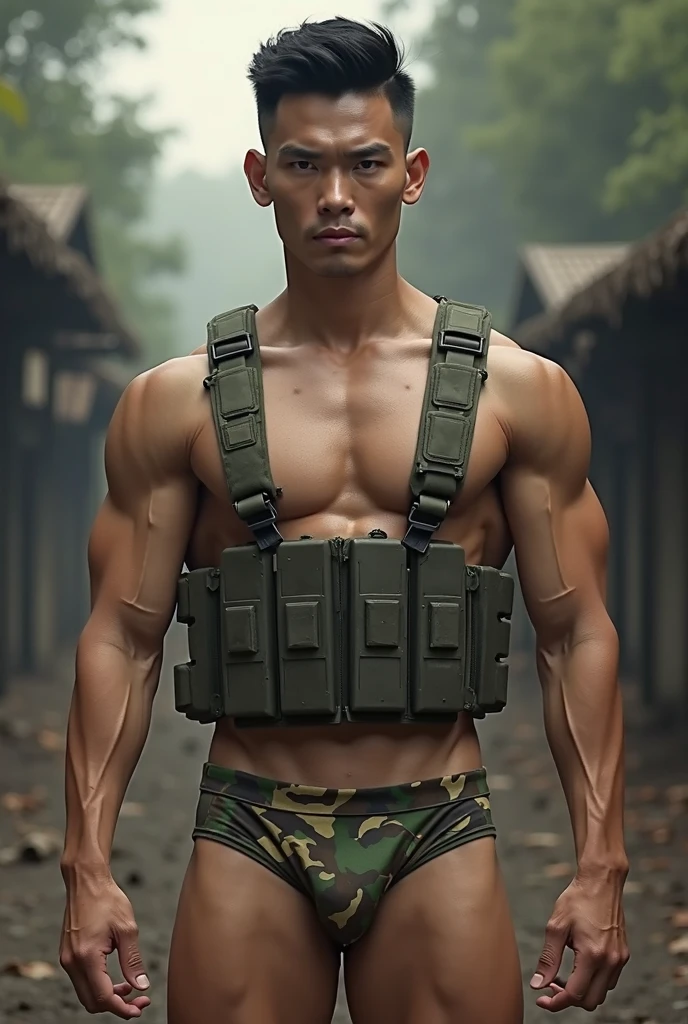 arafed man in military gear holding a gun and a backpack, asian male, south korean male, handsome chad chin, mid-shot of a hunky, rugged soldier, strong masculine features, damien tran, ross tan, asian man, darren quach, strong chest, muscular men, attractive male, steve zheng, big chest, upper body shot