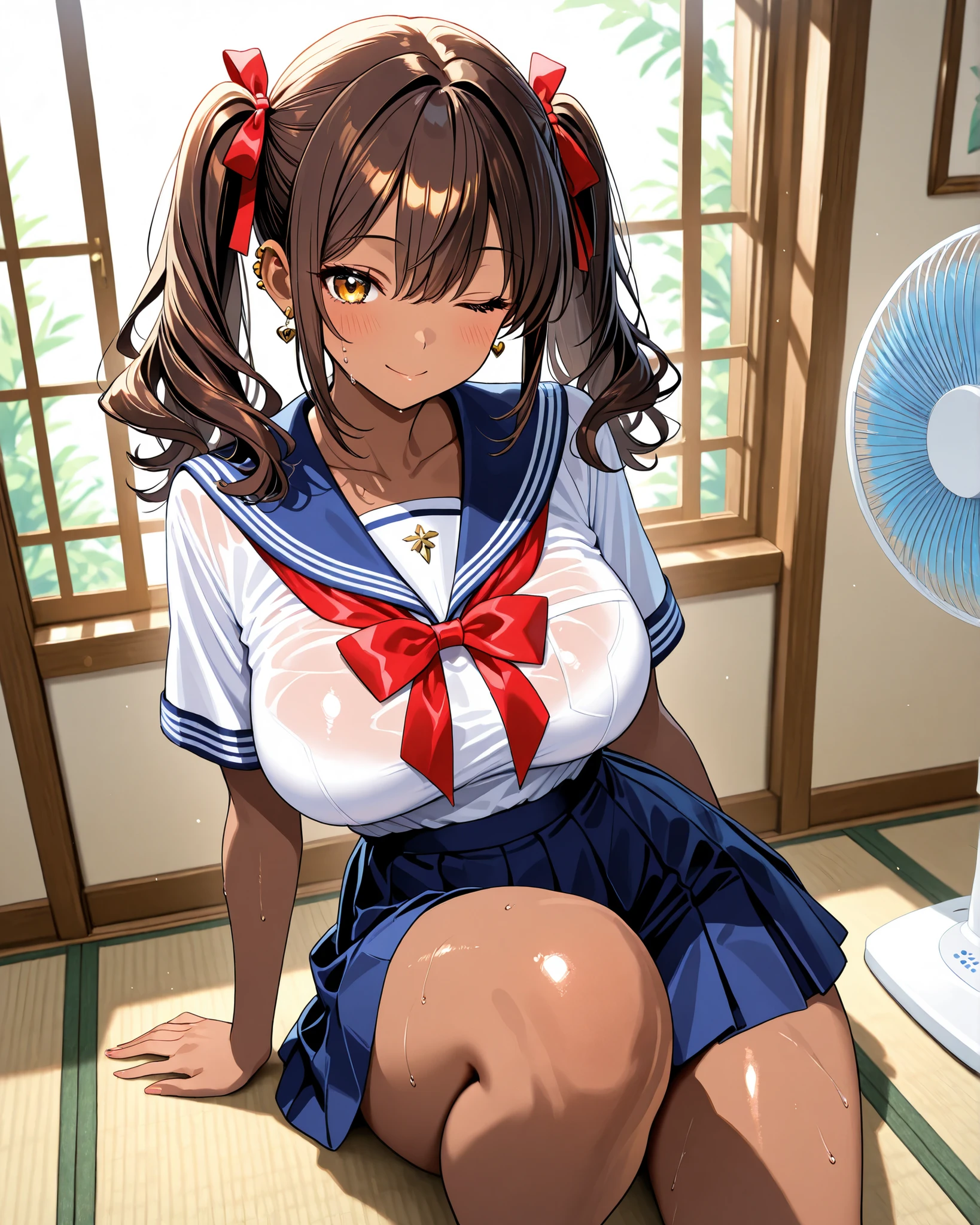 Tokai Teio \(umamusume\), ((Highly detailed eyes)), masterpiece, Highest quality, ((abnormal body, Small breasts)), (Horse tail) ,smile, blush, (indoor, office, living room), whole body, frontage, Long ponytail ,Completely naked, ((nsfw)) , (spread pussy by herself with both hands completely:1.4), open legs, spread legs