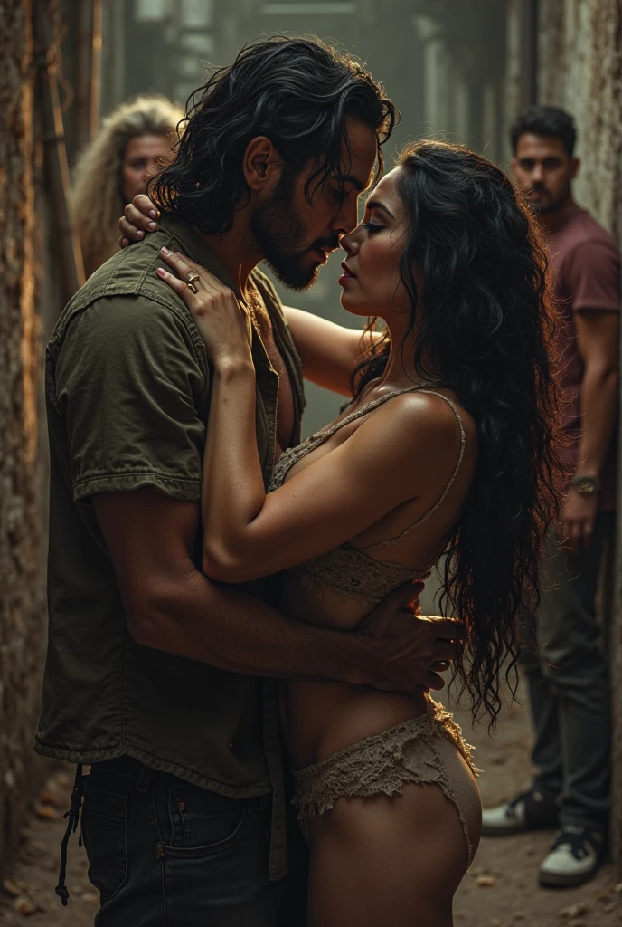A raven-haired nymph with long hair, blue eyes naked in a cave with a small fire. She finds a man a muscular and handsome man with gray eyes and raven hair, Similarly, he is naked, Both are watching the fire