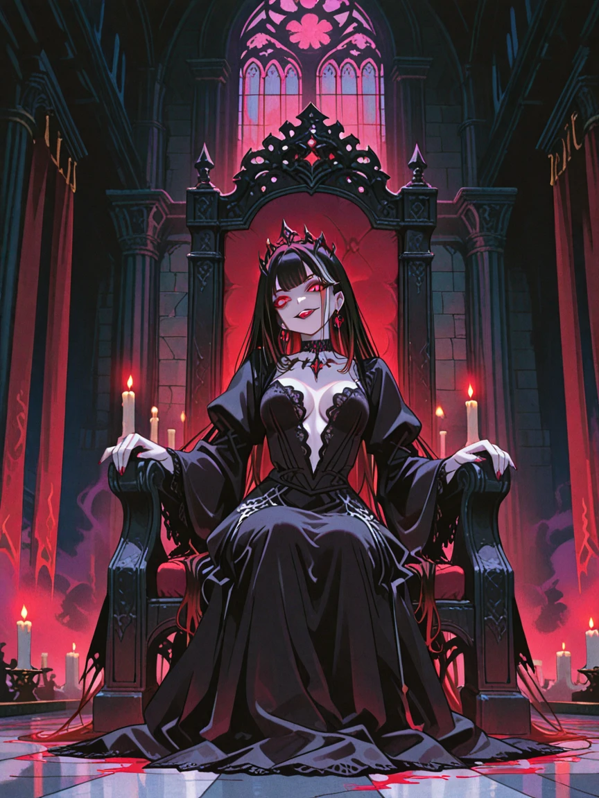 ((illustration of a female version of Strahd Von Zarovich in sexy gothic noble outfit sitting on a throne holding a glass wine goblet filled with blood)), royal noble outfit, ((vampire)), has teeth fangs, long black hair, portrait, 8k resolution, masterpiece, high quality, ultra detailed eyes, 1girl, female focus, voluptuous figure, ((sad demeanor)), vampiric features, showing, vampire fangs, pale skin, elf ears, castle interior background, gothic theme, dungeons and dragons fantasy aesthetics, use Curse of Strahd visuals, sassy demeanor