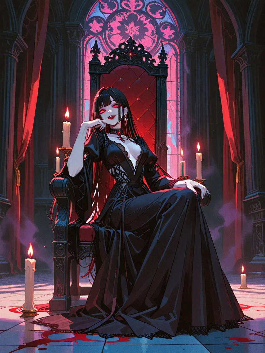 ((illustration of a female version of Strahd Von Zarovich in sexy gothic noble outfit sitting on a throne holding a glass wine goblet filled with blood)), royal noble outfit, ((vampire)), has teeth fangs, long black hair, portrait, 8k resolution, masterpiece, high quality, ultra detailed eyes, 1girl, female focus, voluptuous figure, ((sad demeanor)), vampiric features, showing, vampire fangs, pale skin, elf ears, castle interior background, gothic theme, dungeons and dragons fantasy aesthetics, use Curse of Strahd visuals, sassy demeanor
