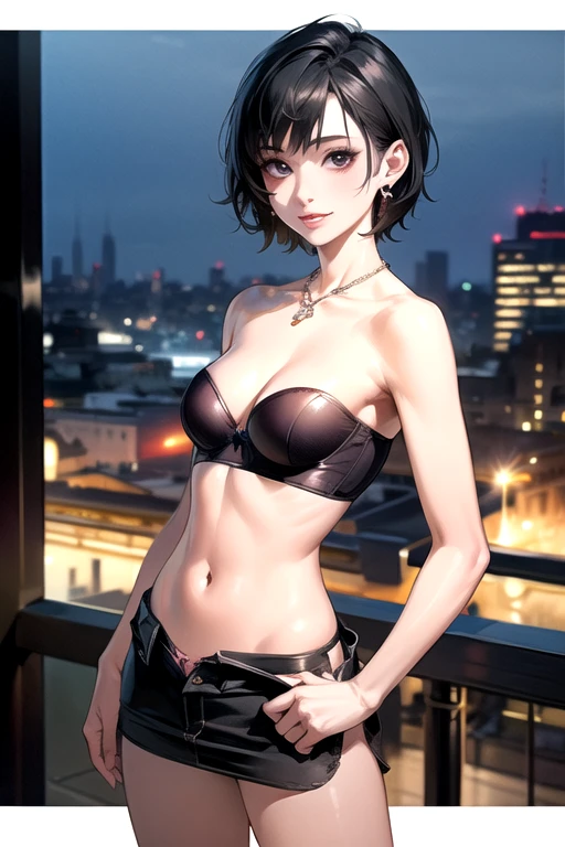 Magia realista de uma mulher com short, cabelo grisalho, wearing glasses, vestindo um moletom preto, expression of fear, standing, setting up a night office, night buildings in the landscape through the window in panties and bras