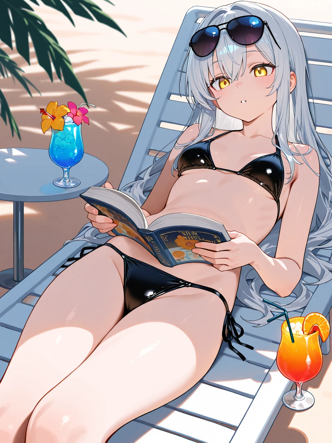Ocean、Glasses、cute、cool、white hair、、Sitting on the desk、frontを向いてる、Crossing your legs、Low - Angle、front、bikini