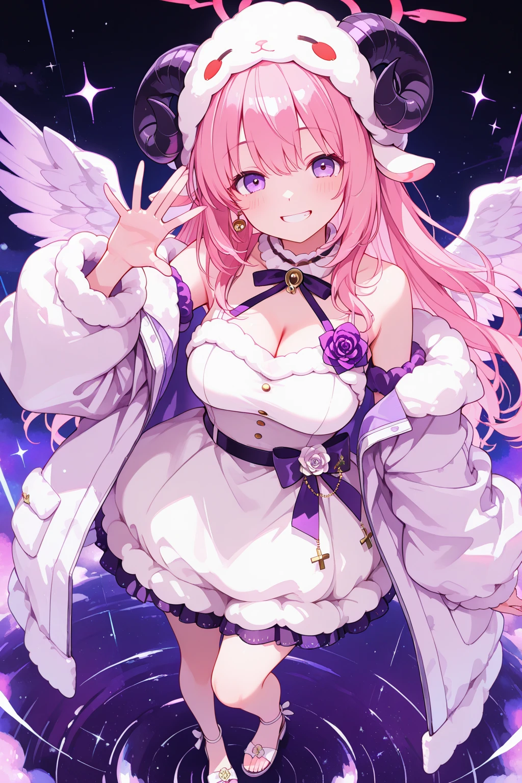 1 woman、爆乳、cleavage of the breast、Pale pink hair studded with stars、Long Lace Bale、Lolita clothes with lots of frills and ribbons、angel wings encrusted with jewels、A smile