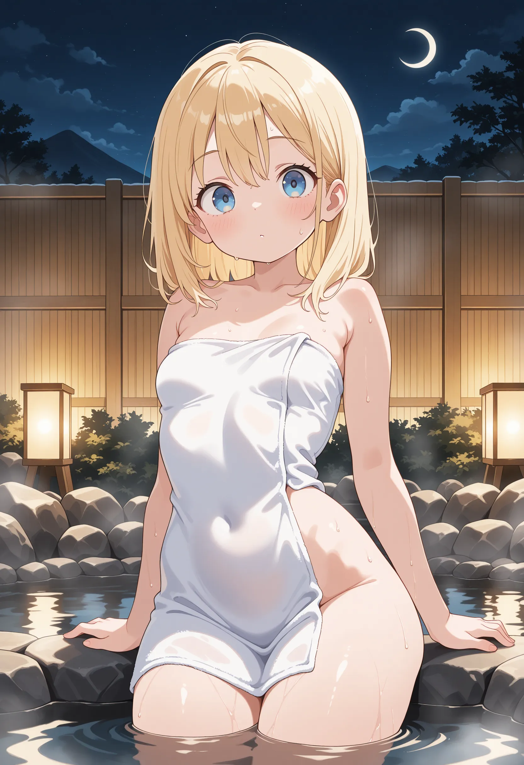 (masterpiece:2.0), (top-quality:2.0), (leaning forward naked in the hot spring:1.5), (extremely short white Tube top towel:1.5), (Super Sexy Pose:1.5), (from below looking up:1.5), (Perfect exposed shoulders:1.5), (Perfect exposed nape:1.5), (blushed face:1.5), (hide crotch with hands:1.5), (hiding chest with hands:1.5), (spilling boobs:1.5), (Realistic:1.5), 1 very cute girl, Precise little hands, Embarrassed look to see me, light smile, Innocent face, Young Face, Clear eyes, Shining eyes, very tiny chest, side boob is visible, shoulder is visible, cleavage of the breast is visible, No pubic hair, Dynamic Posing, Beautiful skins, ultra-definition, Top resolution, Japan High School Student, Golden hair