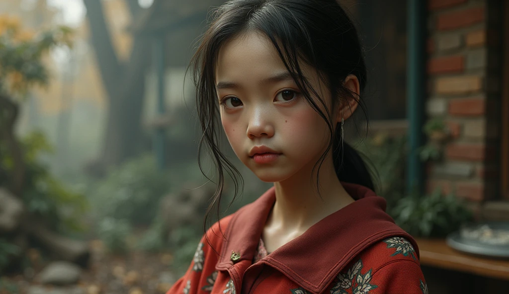 A young Satanichia Karimizhi, With her enormous complacent eyes she looks very attentively at the ants that come out of the tea cups that have geometrically impossible shapes and decorated with fantastic shapes., and showing the fierceness of Chinese ceramics, everything as if it were a dream by Tim Burto