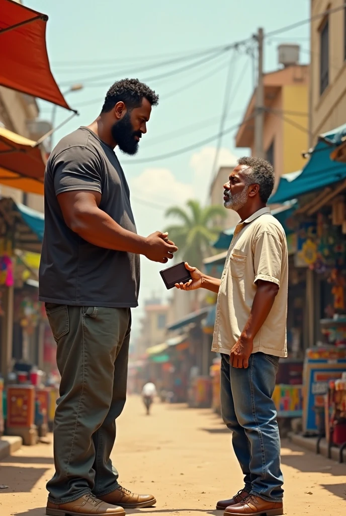 A  30 years old man , head on   wear a handkerchief  , wear a lower , a black t half t shirt , hand in steal ring , eyes big , t shirt on writing bold name "BITTU" , fighting a begging man , red shoes , a watch , counting rupees, one leg jump, smile 