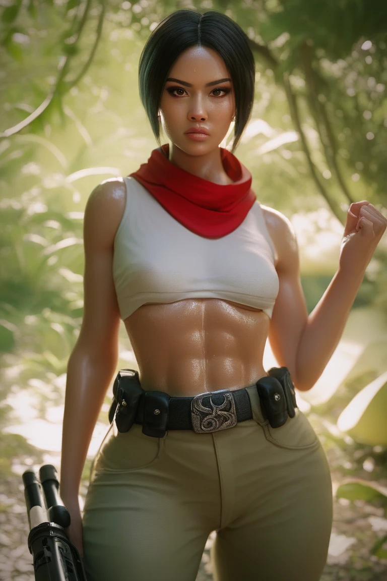 8K, Top Quality, Intricate Details, Ultra Detail, Ultra High Resolution, high-quality, photorealistic image, Masterpiece, random angle, young, attractive, very beautiful mikasa ackerman, with a toned and muscular body. She has a sexy fit and athletic physique, staring with sensual face expressions and a sexy seductive smirk, (Makeup: 0.4), (Fluffy Blue Eyes: 1.21), blue Eyes, ((full body)), 1girl, solo, 1 girl, (( full body)), close-up shot, (((fit body))), (((slim face))), sharp face, sharp eyes, (((black hair, short hair, bangs)), (detailed face), sharp face, small lips, thin lips, ((red scarf, crop top, thigh strap)), detailed face, detailed breasts, medium perky breasts, detail, curvy biceps and triceps, with accentuated slender abs: 1.4, Six Pack Abs: 1.4, Bust Botox, Perfect Body, detail leg, (( moonlight)), ocean