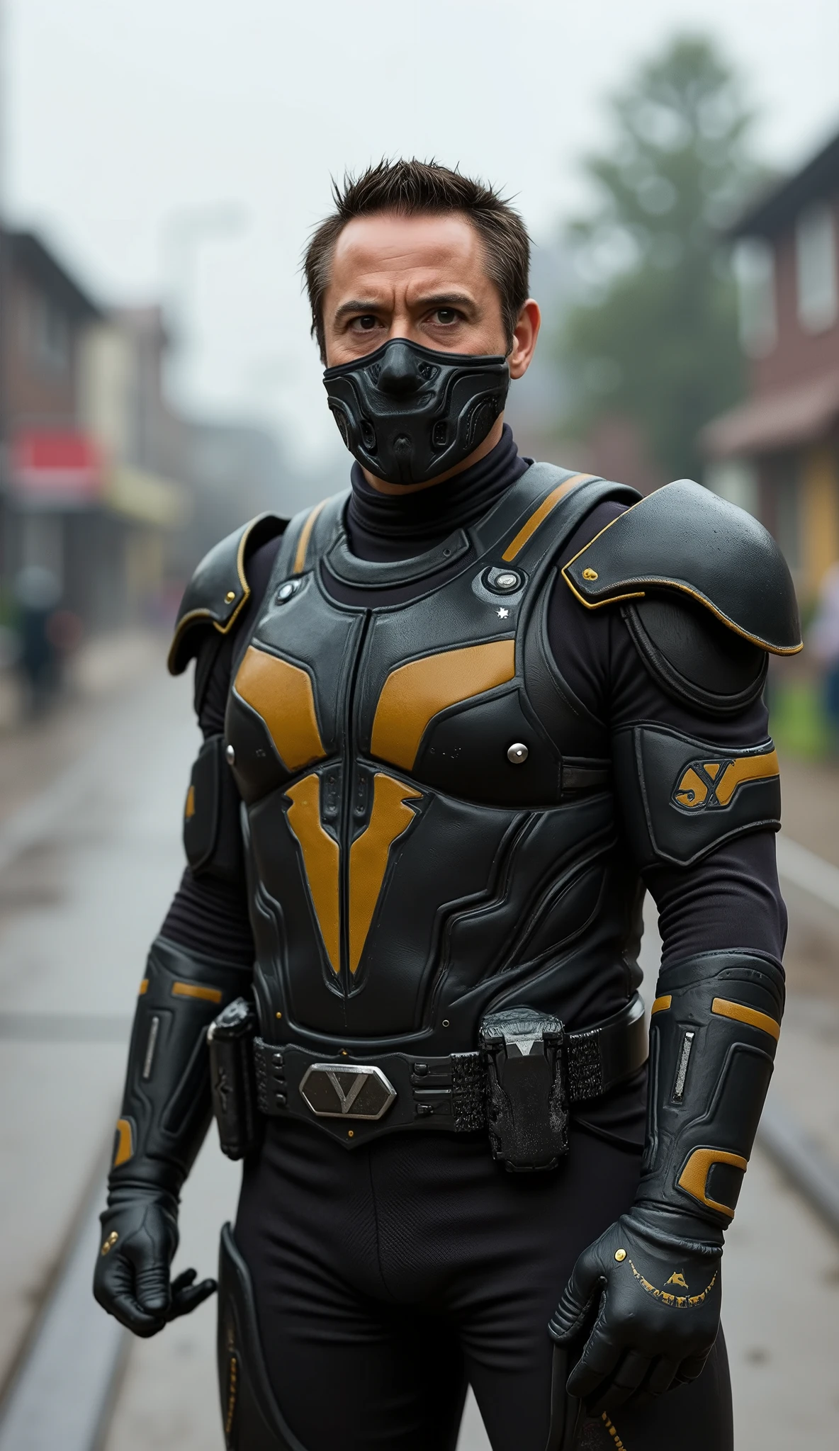 ROBERT DOWNEY JR as Smoke from Mortal Kombat in a realistic version:
athletic and muscular physique, with balanced proportions typical of an elite fighter, prepared for both speed and strength.
Cabelos grisalhos, medium and slicked back, com textura natural, giving an air of maturity and experience.
clear and penetrating eyes, with a focused and firm expression, suggesting control and discipline.
**mask** metallic and ergonomic facial style, ajustada ao rosto **cobre sua boca** Ninja Mortal Kombat, with a matte finish and functional details, as breathing filters — reminiscent of special operations tactical equipment.
Tactical uniform in shades of gray and black, with a texture similar to Kevlar or carbon fiber. The costume consists of:
Segmented chest vest, with body-molded protection plates.
Reinforced armbands and shoulder pads, simulating a lightweight exoskeleton.
Luvas de combate, with a non-slip finish and knuckle protection.
Utility combat pants, ajustadas ao corpo, with discreet pockets and built-in knee pads.
black military boots, resistant and non-slip, with front tie.
Subtle smoke halo partially enveloping your body — a visual effect to emphasize your ability to camouflage or disappear, if it were represented in media with special effects. city background of Kansas in high quality with houses and people in the background and rain